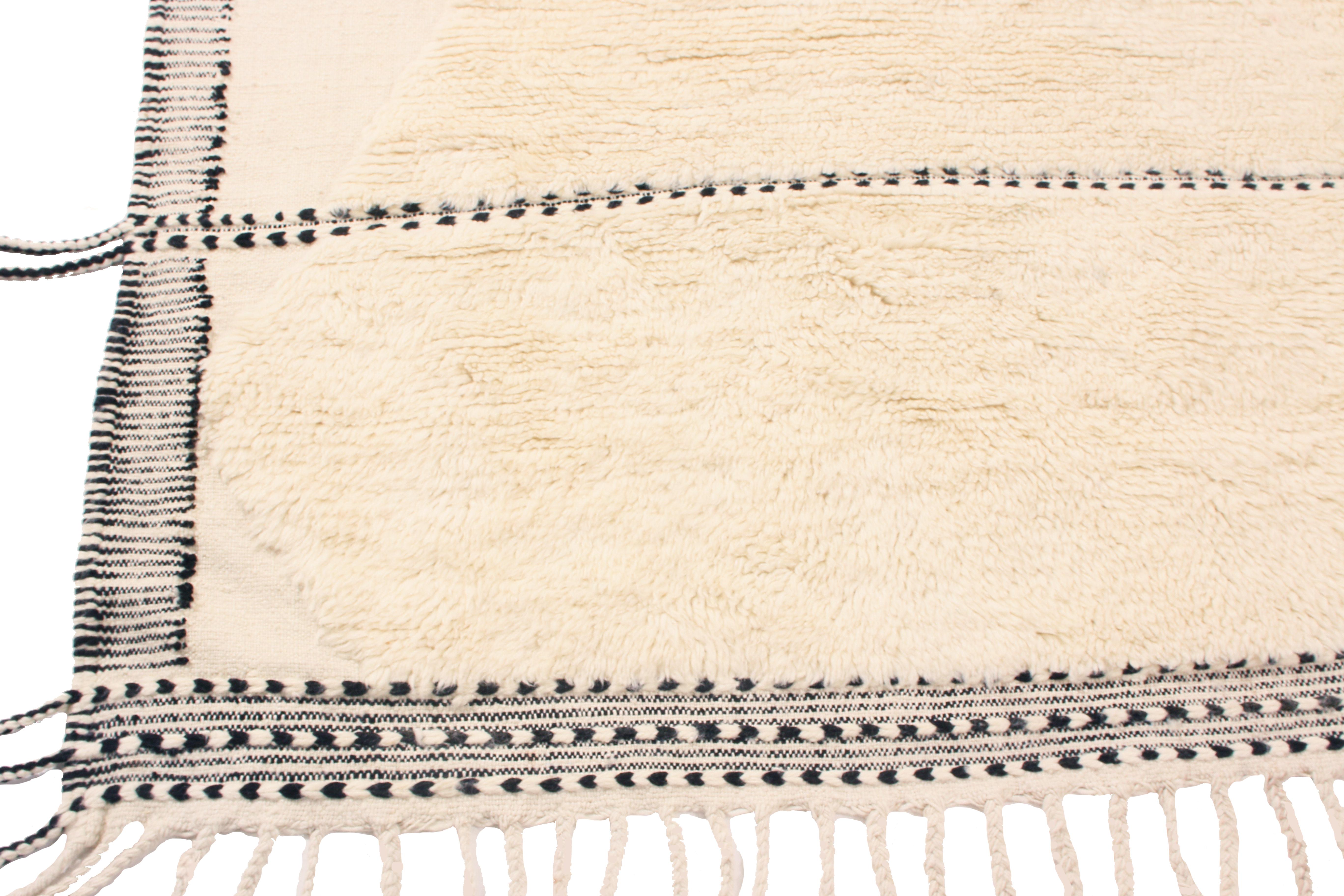 Hand-Knotted New Moroccan White and Black Wool Rug with Pile