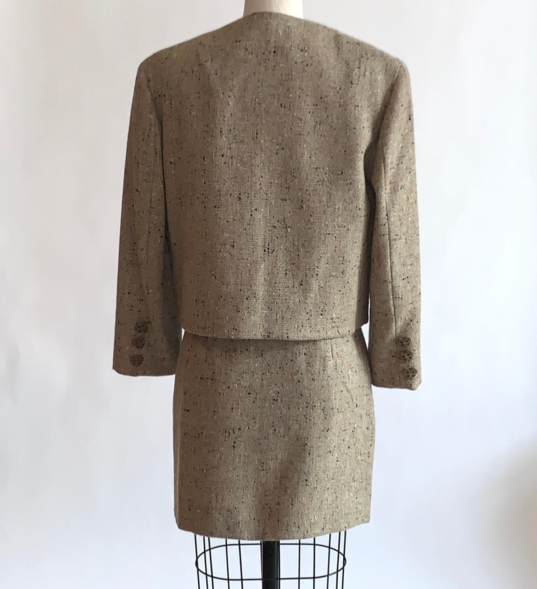 Gray New Moschino Cheap & Chic 1990s Oatmeal Tweed Skirt Suit with Heart Buttons