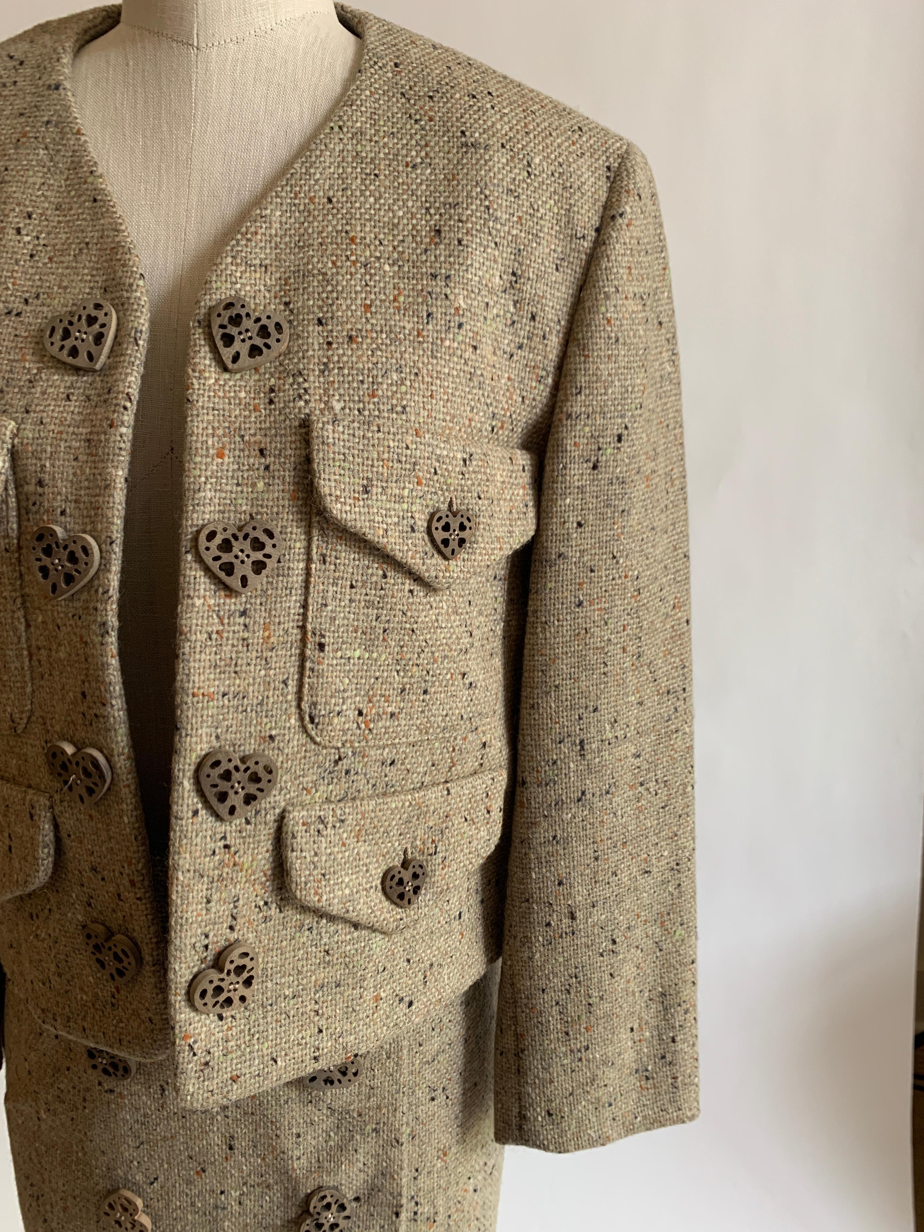New Moschino Cheap & Chic 1990s Oatmeal Tweed Skirt Suit with Heart Buttons In New Condition In San Francisco, CA