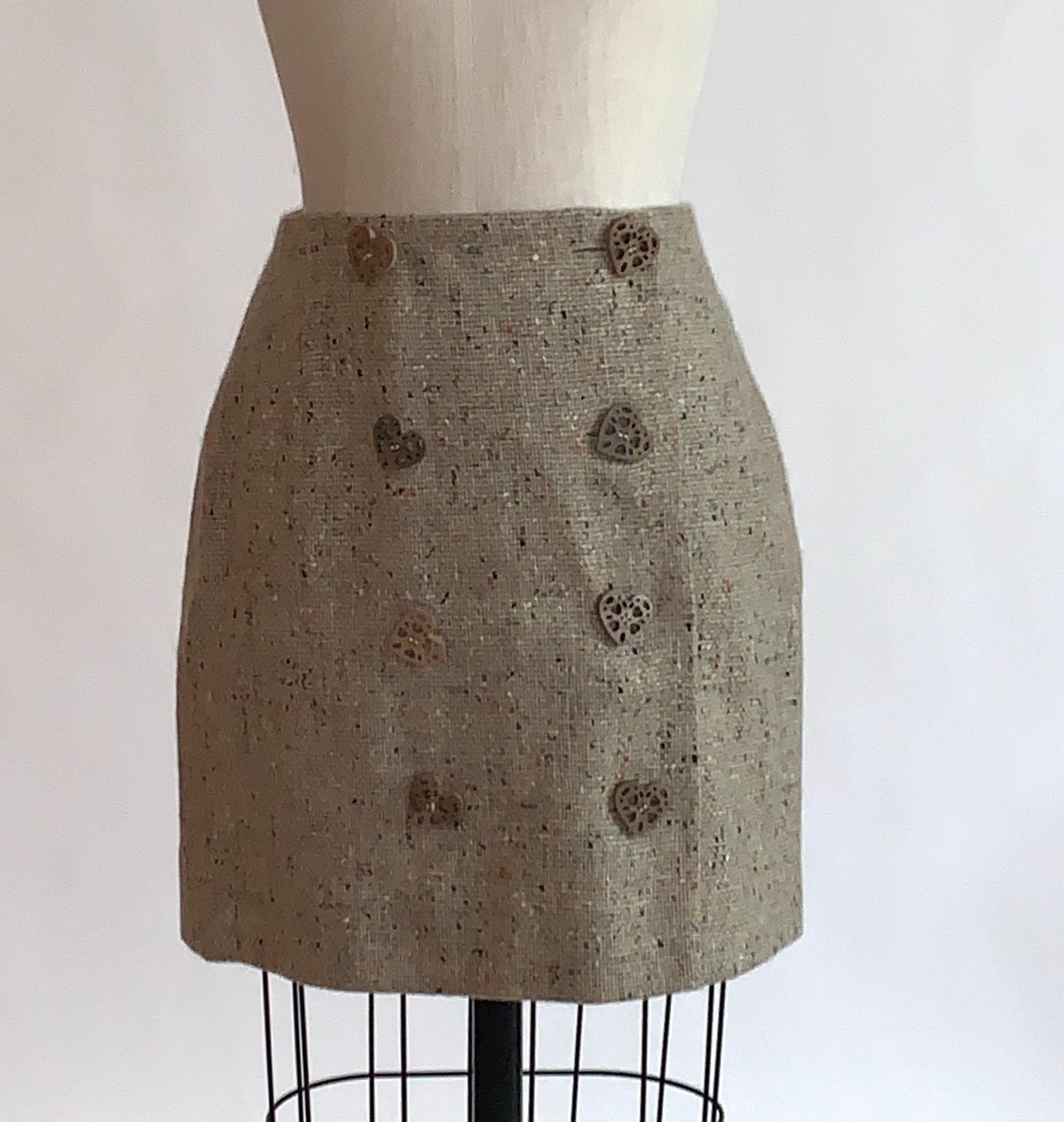 Women's New Moschino Cheap & Chic 1990s Oatmeal Tweed Skirt Suit with Heart Buttons