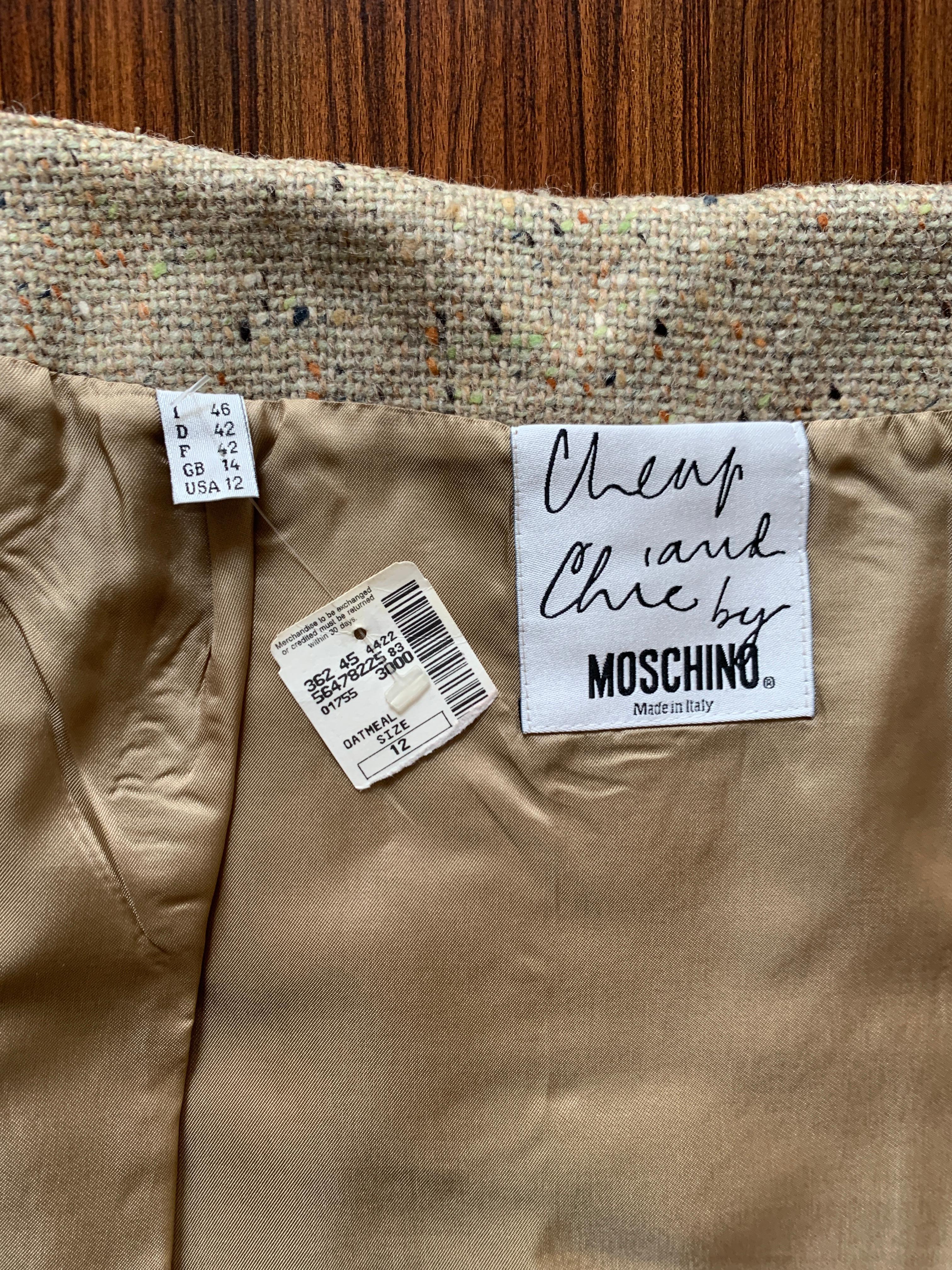 New Moschino Cheap & Chic 1990s Oatmeal Tweed Skirt Suit with Heart Buttons 2