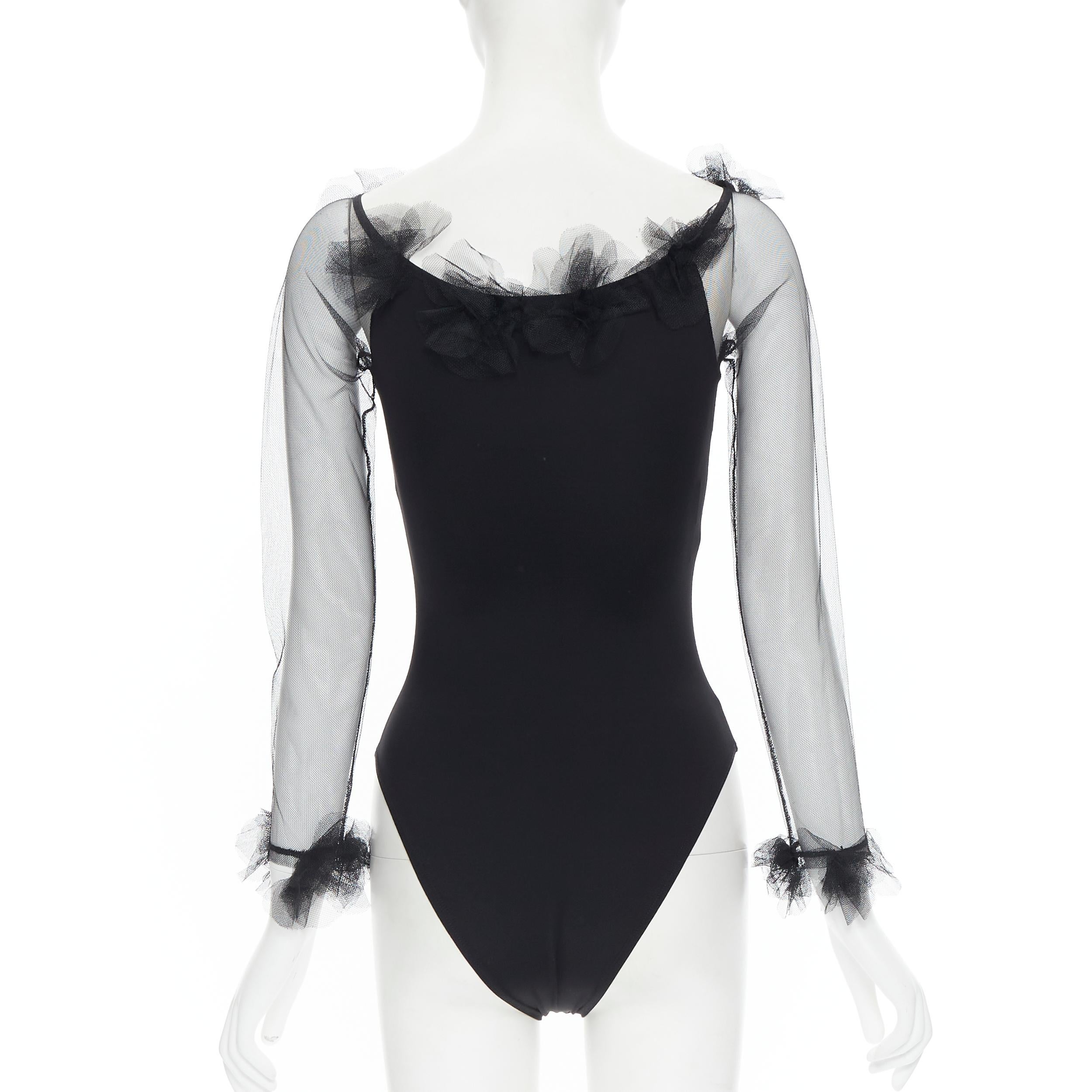 new MOSCHINO Cheap Chic black sheer sleeve ruffle pom trim bodysuit top IT40 S In New Condition In Hong Kong, NT
