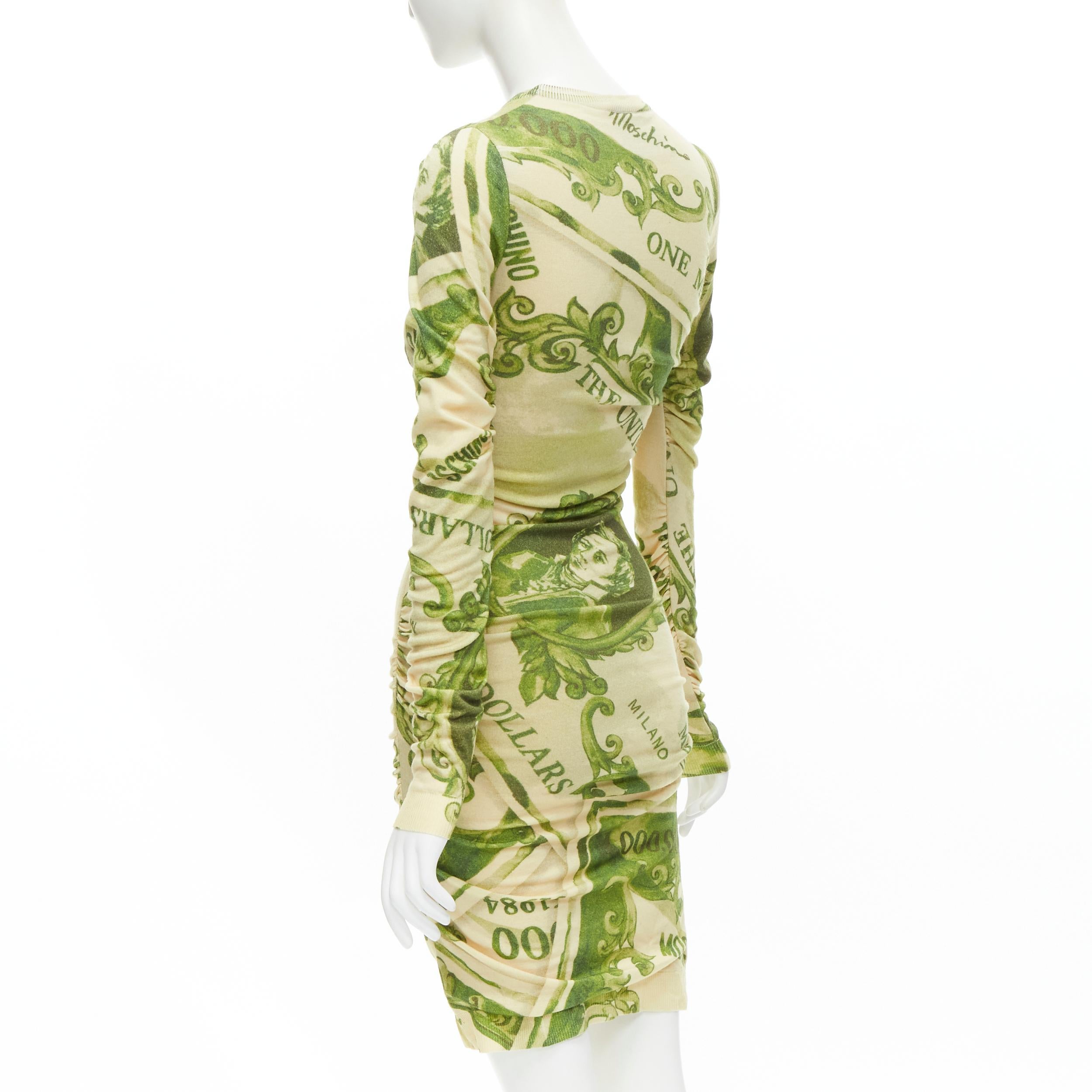 Beige new MOSCHINO Couture! 2019 Green Million Dollar Bill print ruched mini dress 