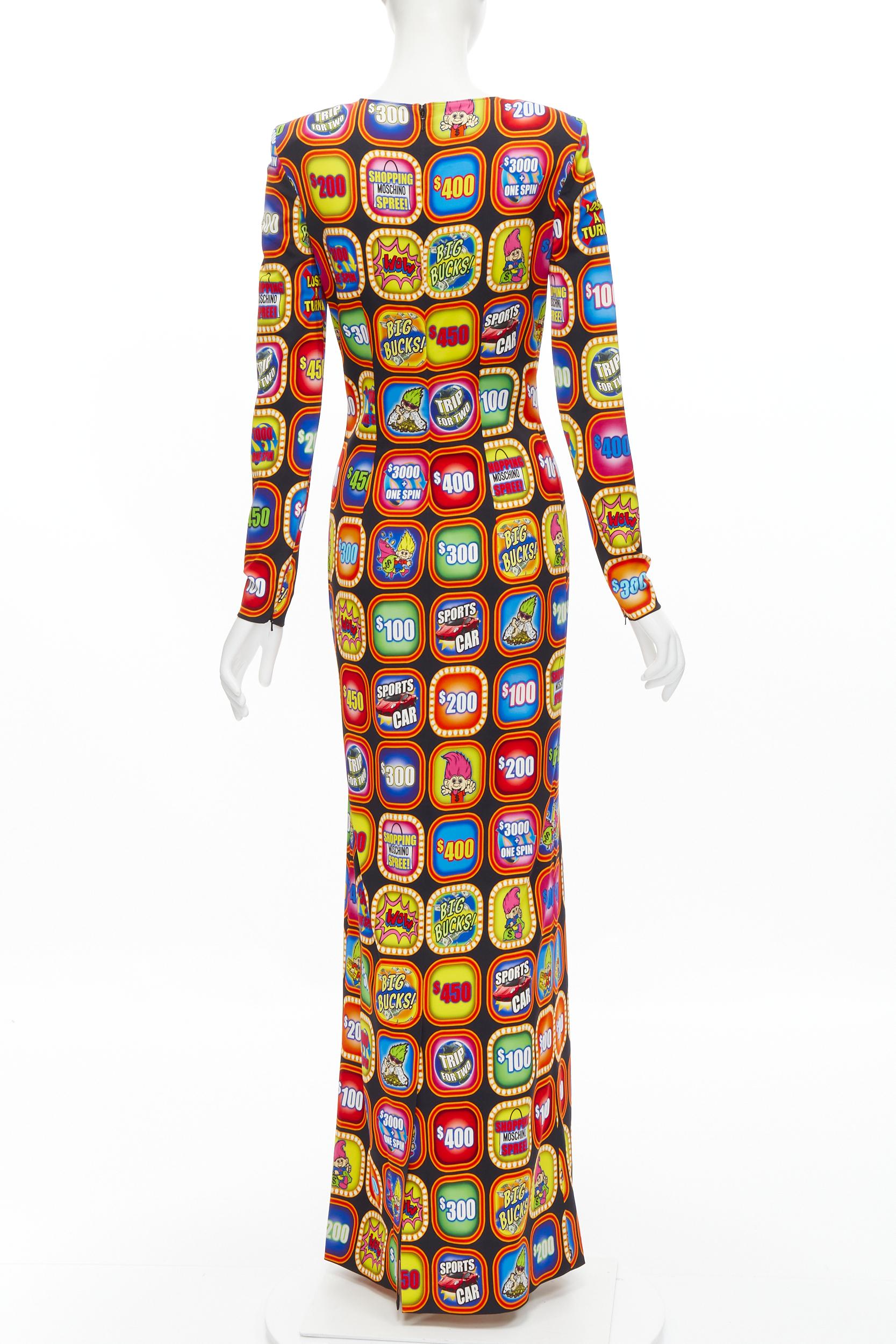 Women's new MOSCHINO Couture! 2019 Runway Good Luck Trolls Gameshow print maxi gown  For Sale