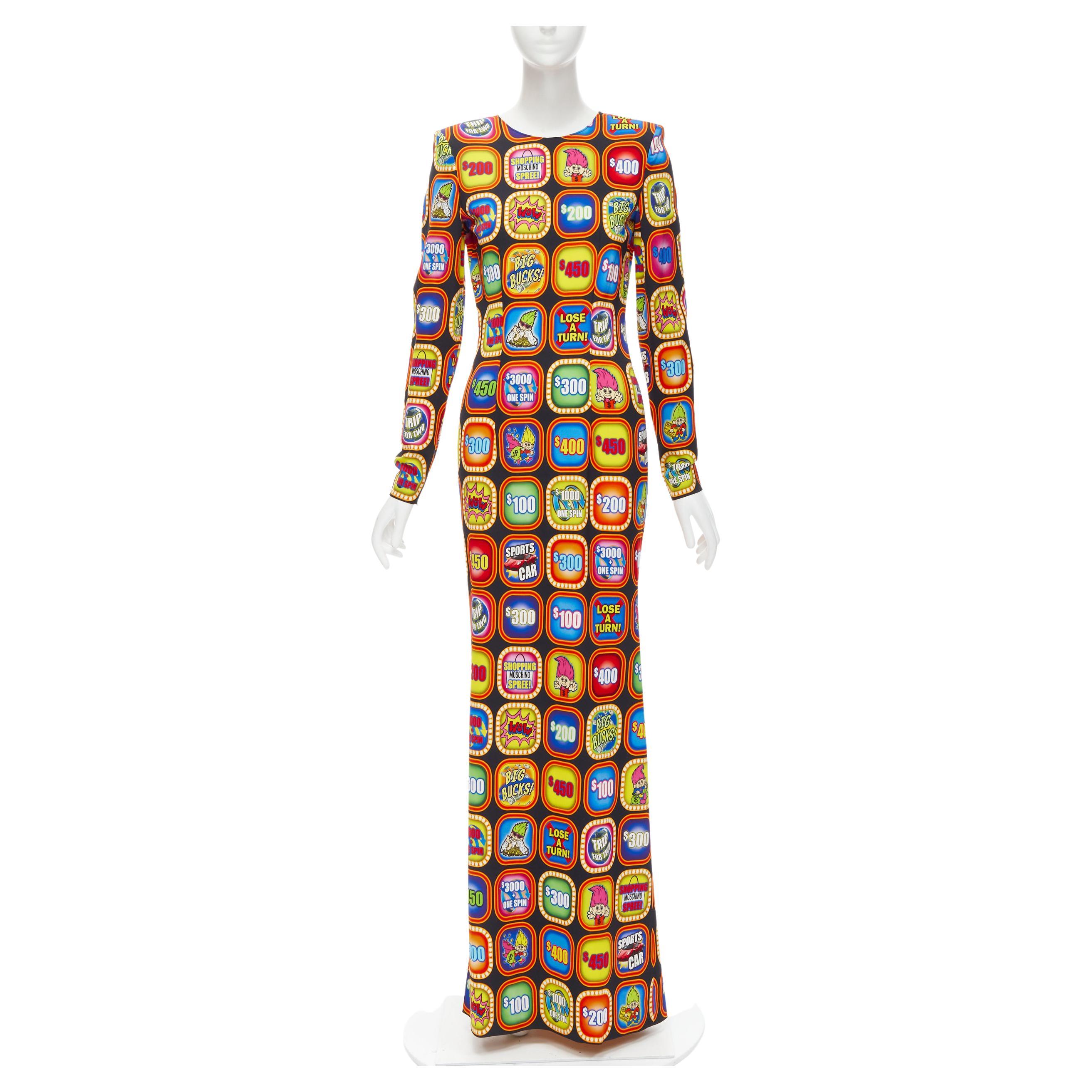new MOSCHINO Couture! 2019 Runway Good Luck Trolls Gameshow print maxi gown  For Sale