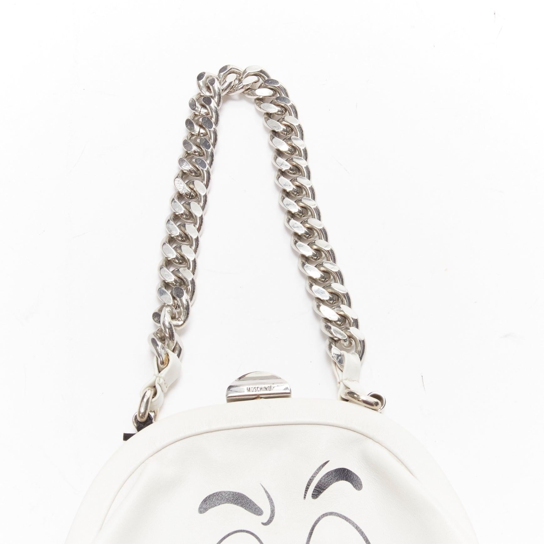 new MOSCHINO COUTURE Runway white Friendly Ghost smile silver chain wrist purse For Sale 2
