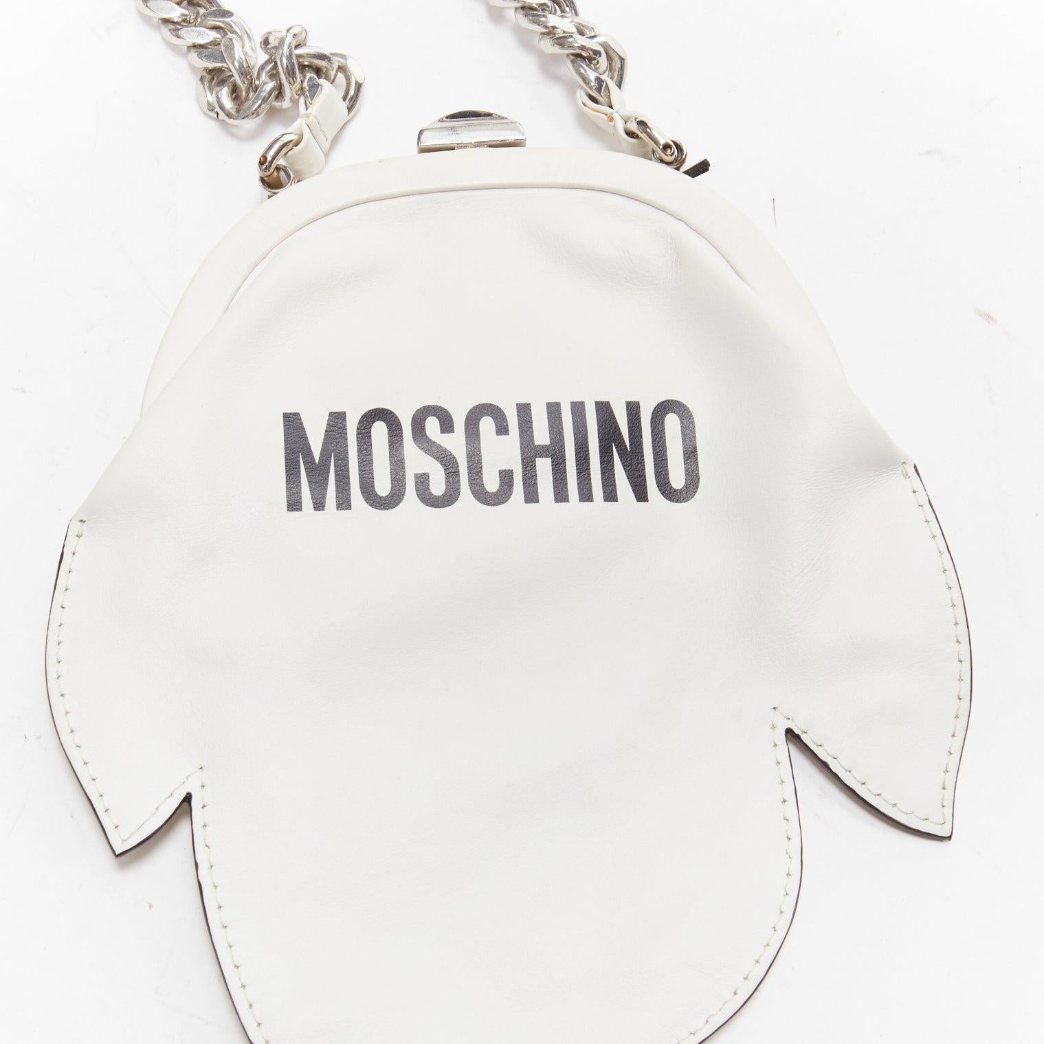 new MOSCHINO COUTURE Runway white Friendly Ghost smile silver chain wrist purse For Sale 3