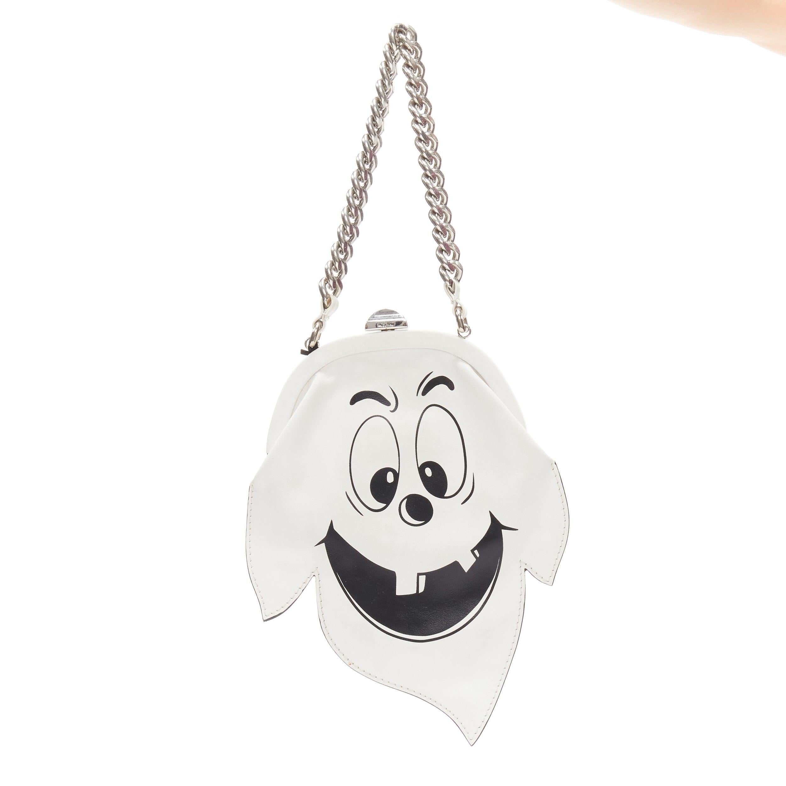 new MOSCHINO COUTURE Runway white Friendly Ghost smile silver chain wrist purse For Sale