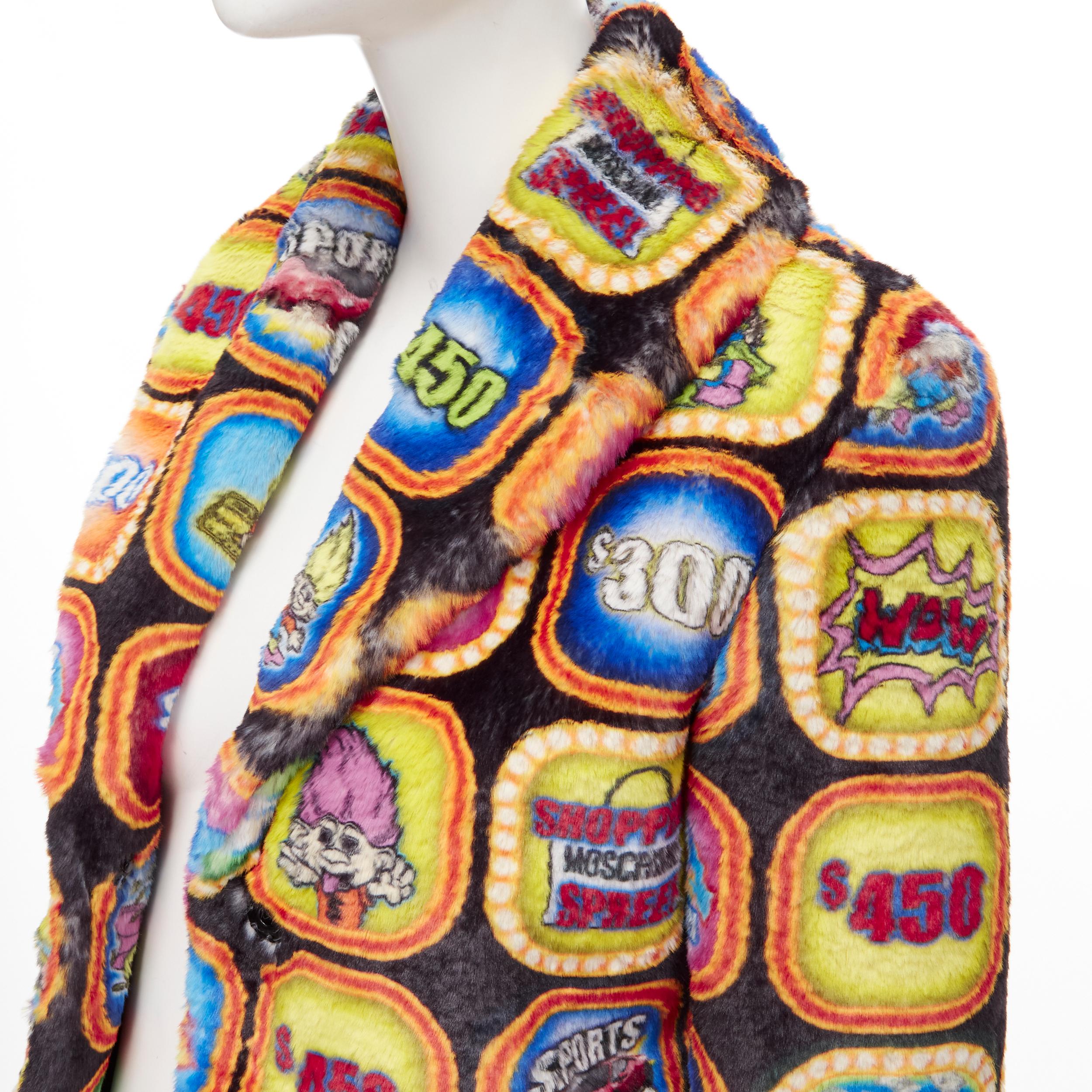 new MOSCHINO Couture! TROLLS 2019 Runway Game Show faux fur jacket IT40 M 
Reference: TGAS/B02169 
Brand: Moschino 
Designer: Jeremy Scott 
Collection: 2019 Runway 
Material: Polyester 
Color: Multicolour 
Pattern: Abstract 
Extra Detail: very rare