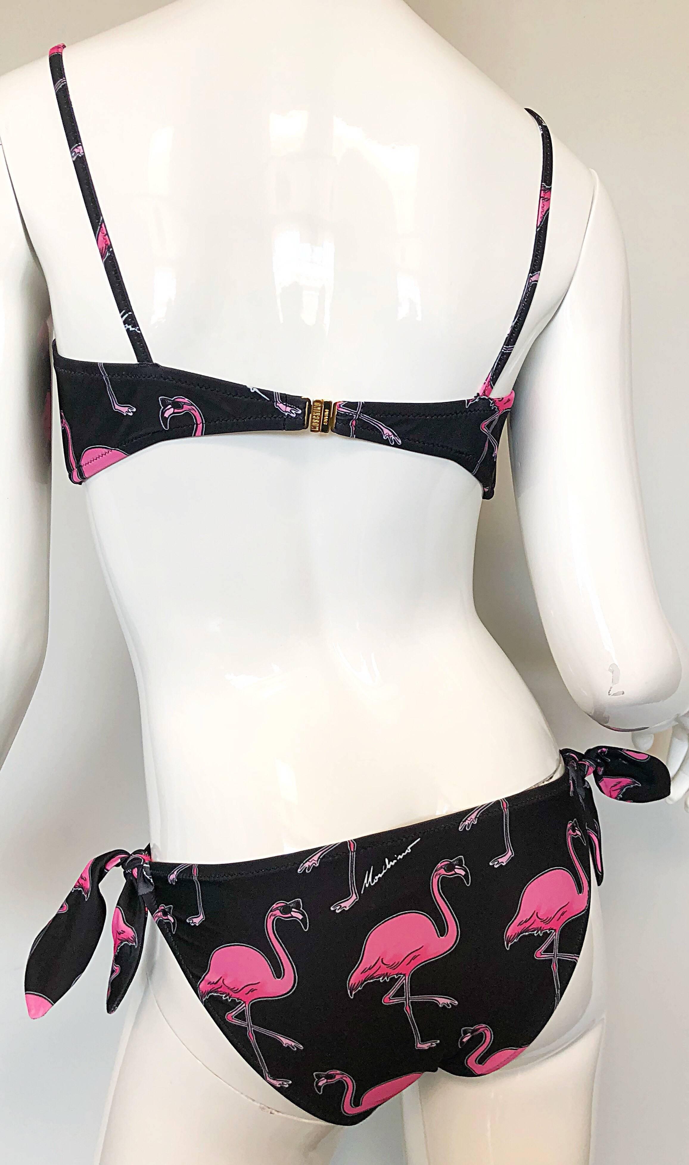 Moschino by Jeremy Scott Dancing Flamingos Pink and Black Bikini Swimsuit  In New Condition In San Diego, CA