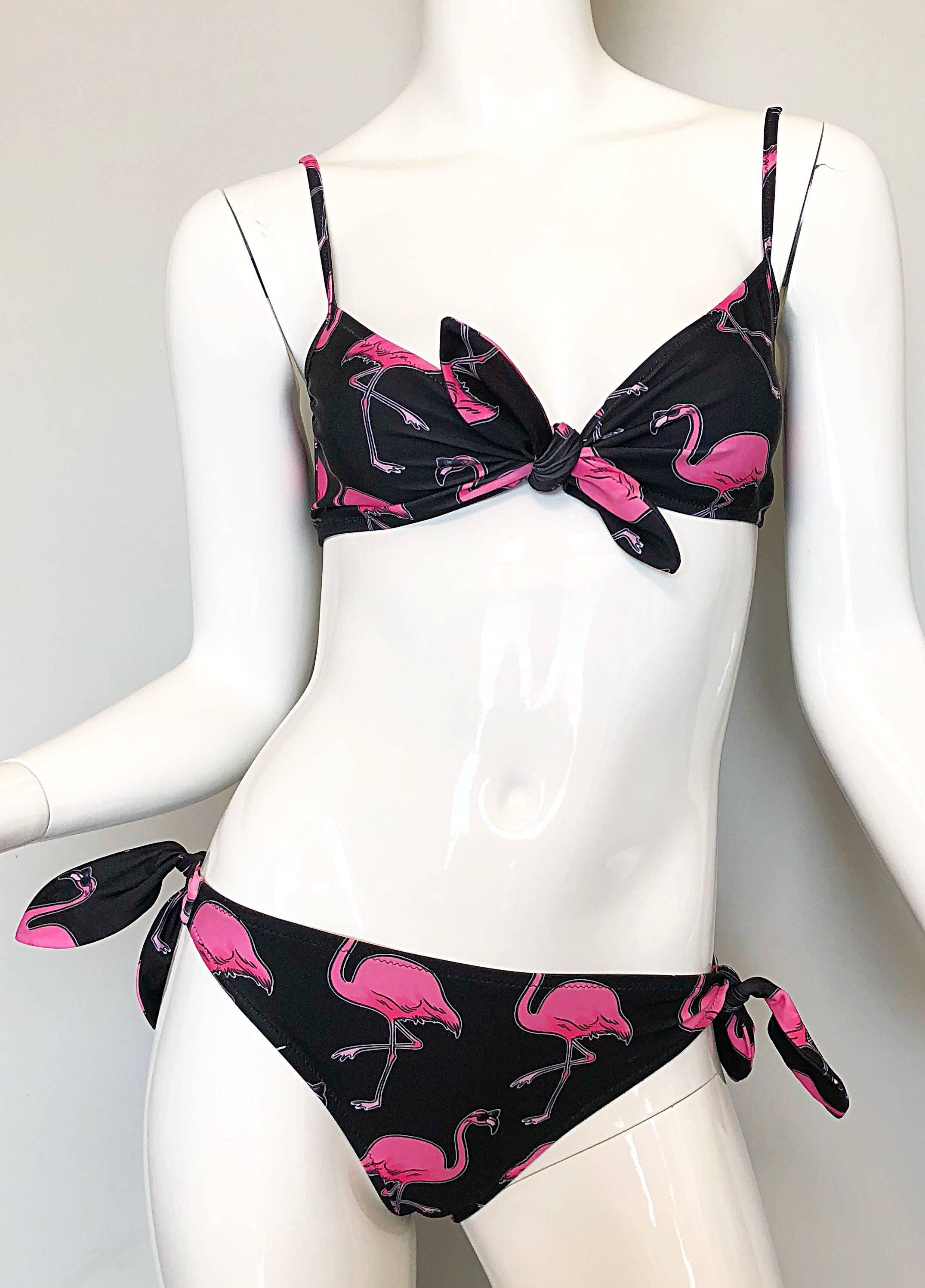 Women's Moschino by Jeremy Scott Dancing Flamingos Pink and Black Bikini Swimsuit 