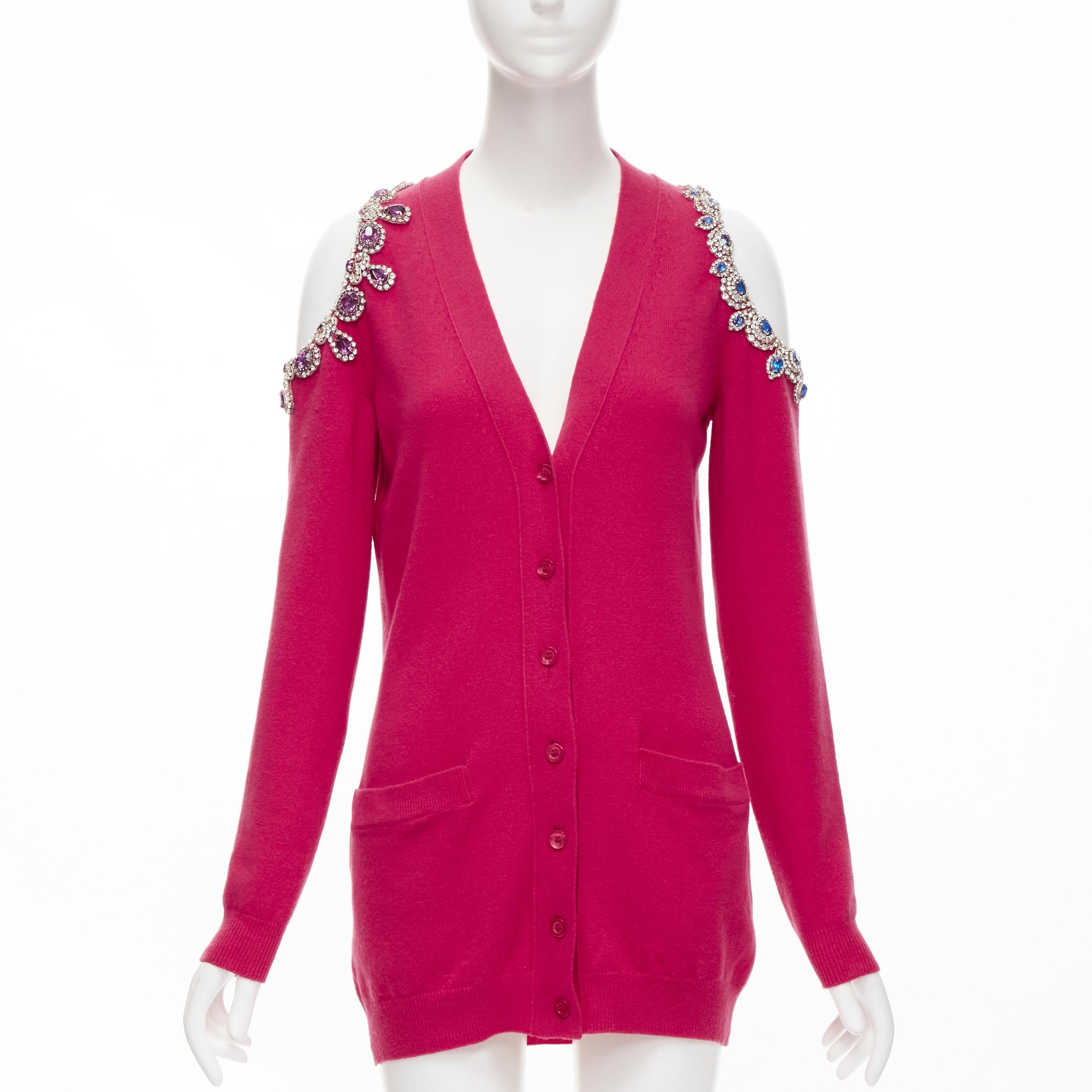 Pink new MOSCHINO fuschia pink cashmere crystal jewel cold shoulder cardigan IT36 XS For Sale
