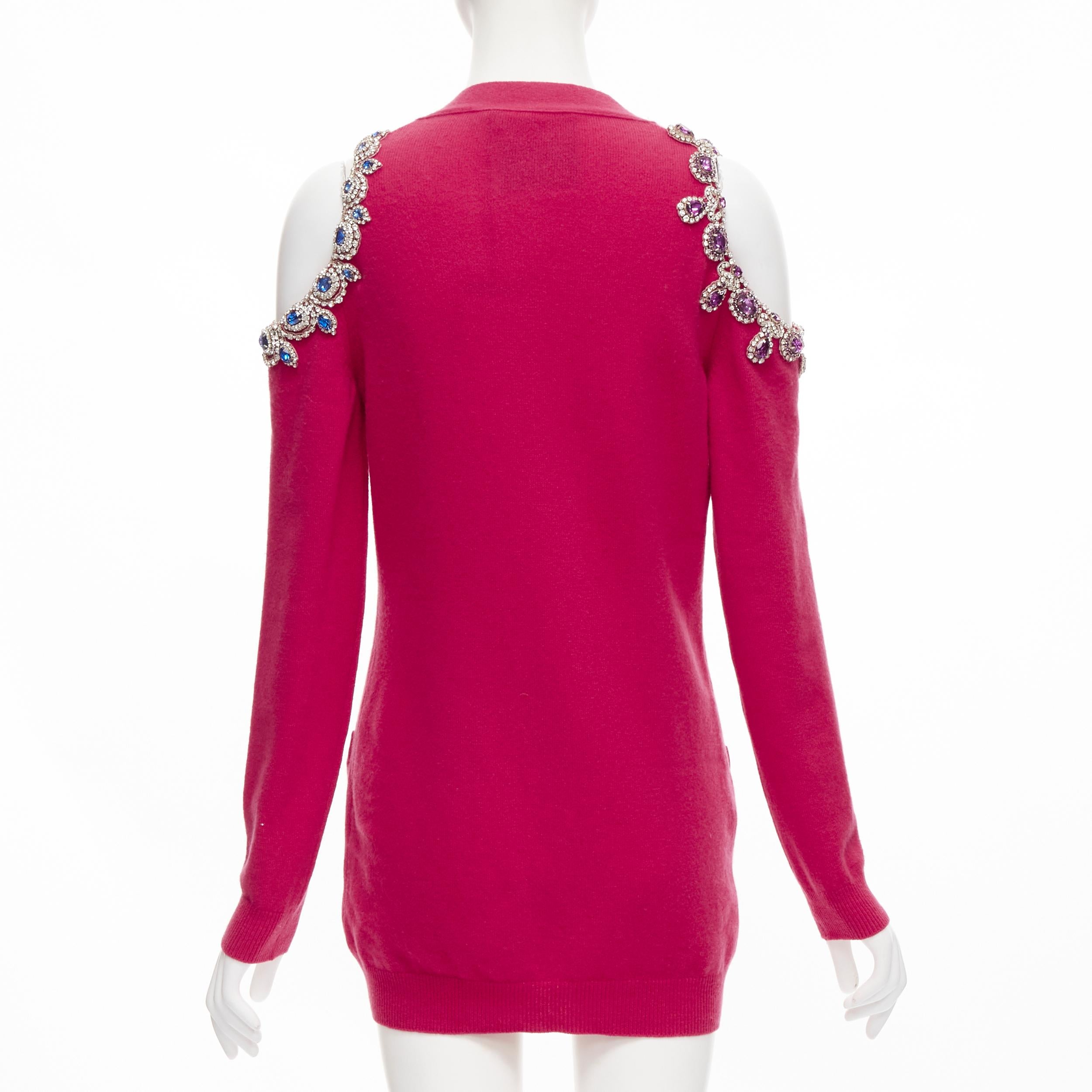 Women's new MOSCHINO fuschia pink cashmere crystal jewel cold shoulder cardigan IT36 XS For Sale