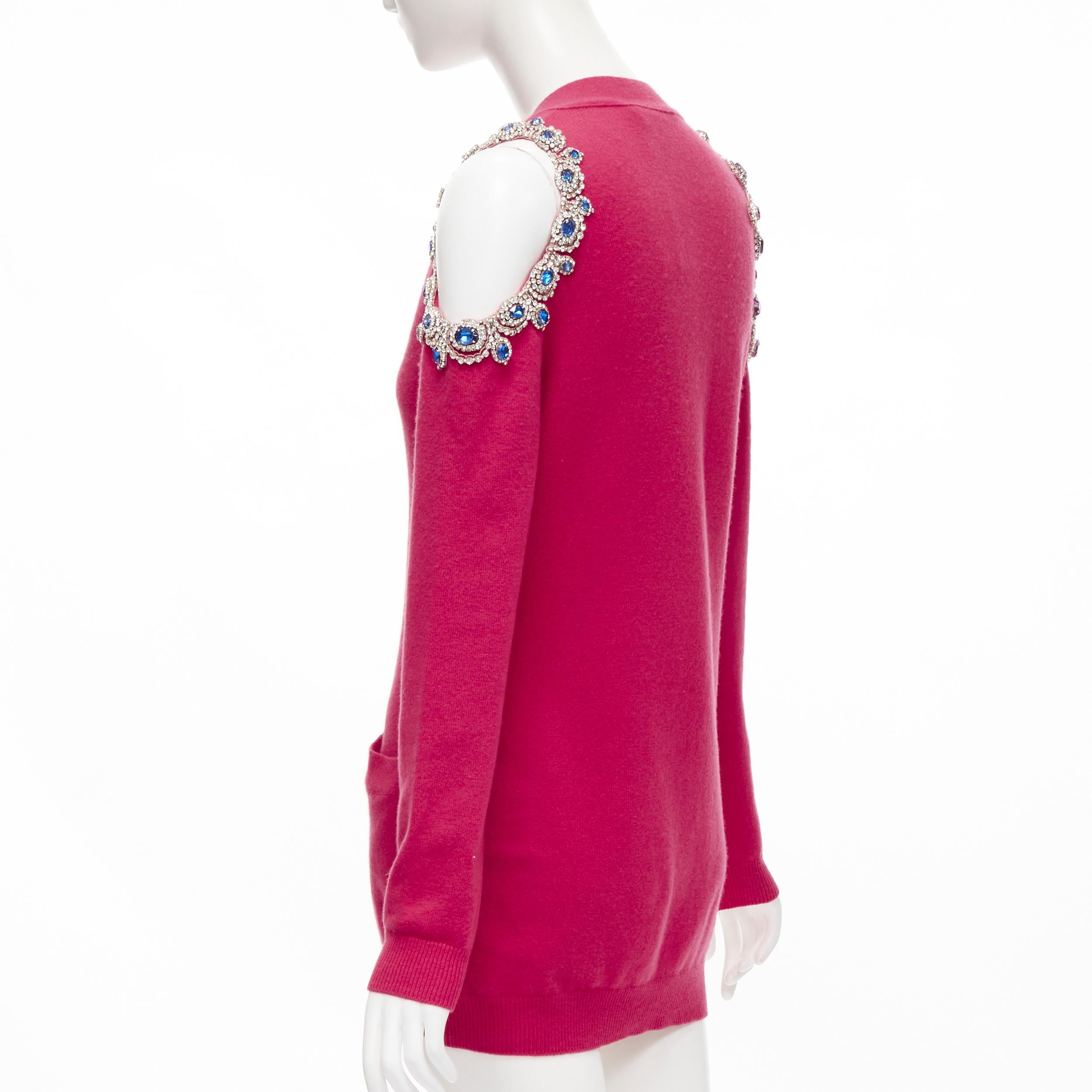 Pink new MOSCHINO fuschia pink cashmere crystal jewel cold shoulder cardigan IT38 For Sale