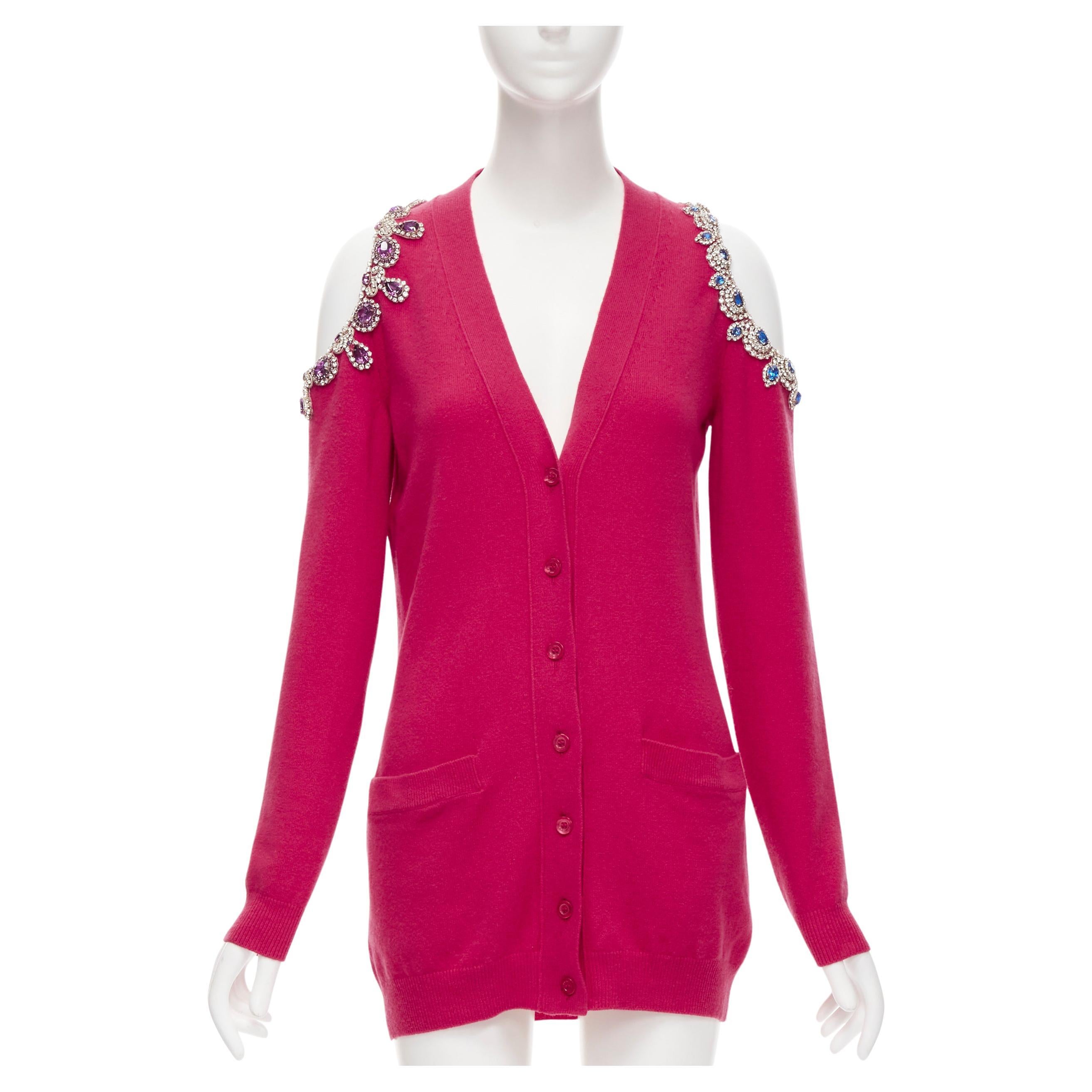 Cardigan à épaules froides MOSCHINO en cachemire rose fuschia avec bijoux en cristal, taille IT 38, neuf