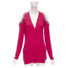 new MOSCHINO fuschia pink cashmere crystal jewel cold shoulder cardigan IT38