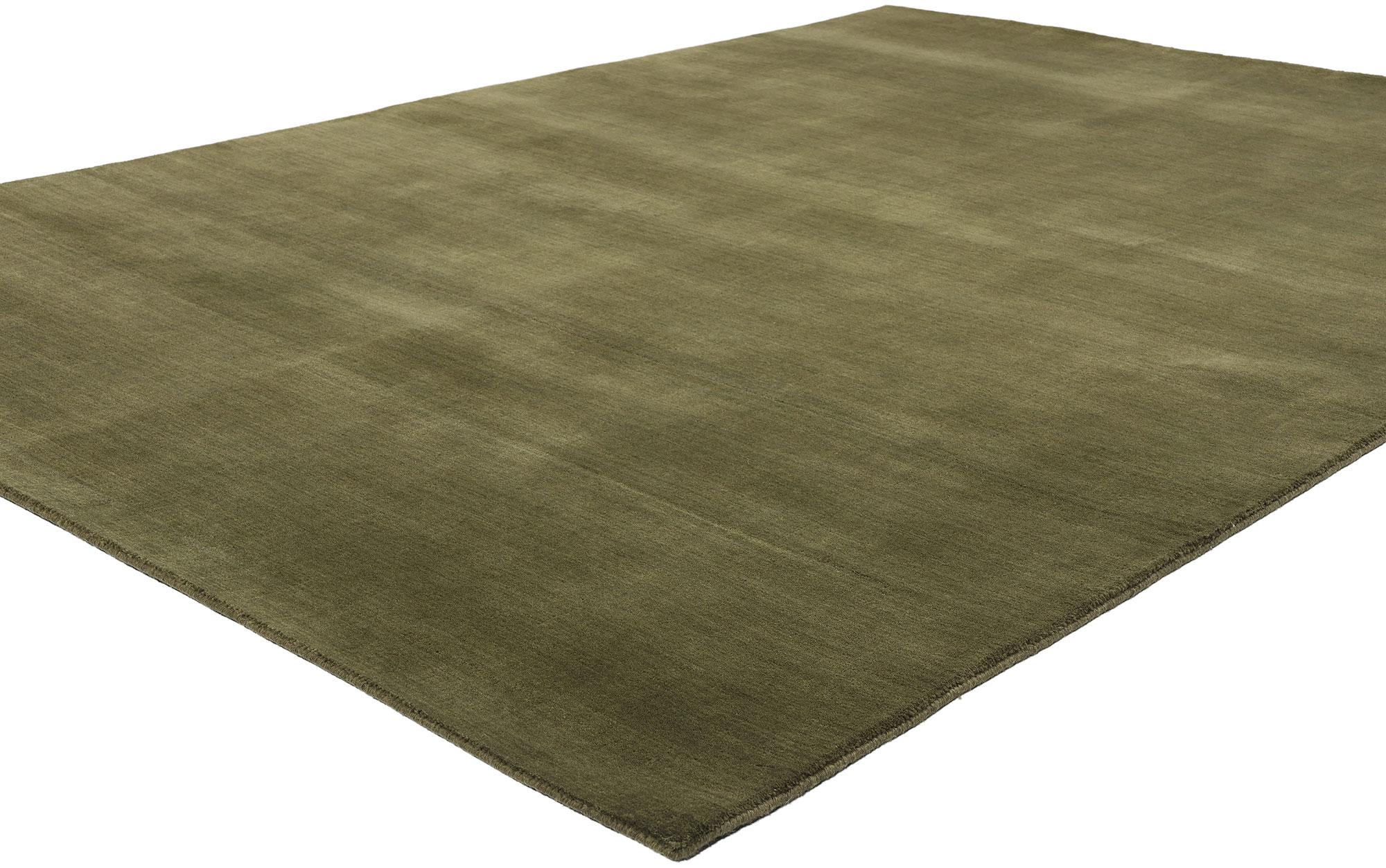 31165 New Solid Olive Green Modern Rug, 06'02 x 08'09. This Solid Olive Green Modern Area Rug perfectly marries biophilic design with an earthy, sophisticated aesthetic. Handcrafted with exquisite detail, its rich olive green color, interwoven with