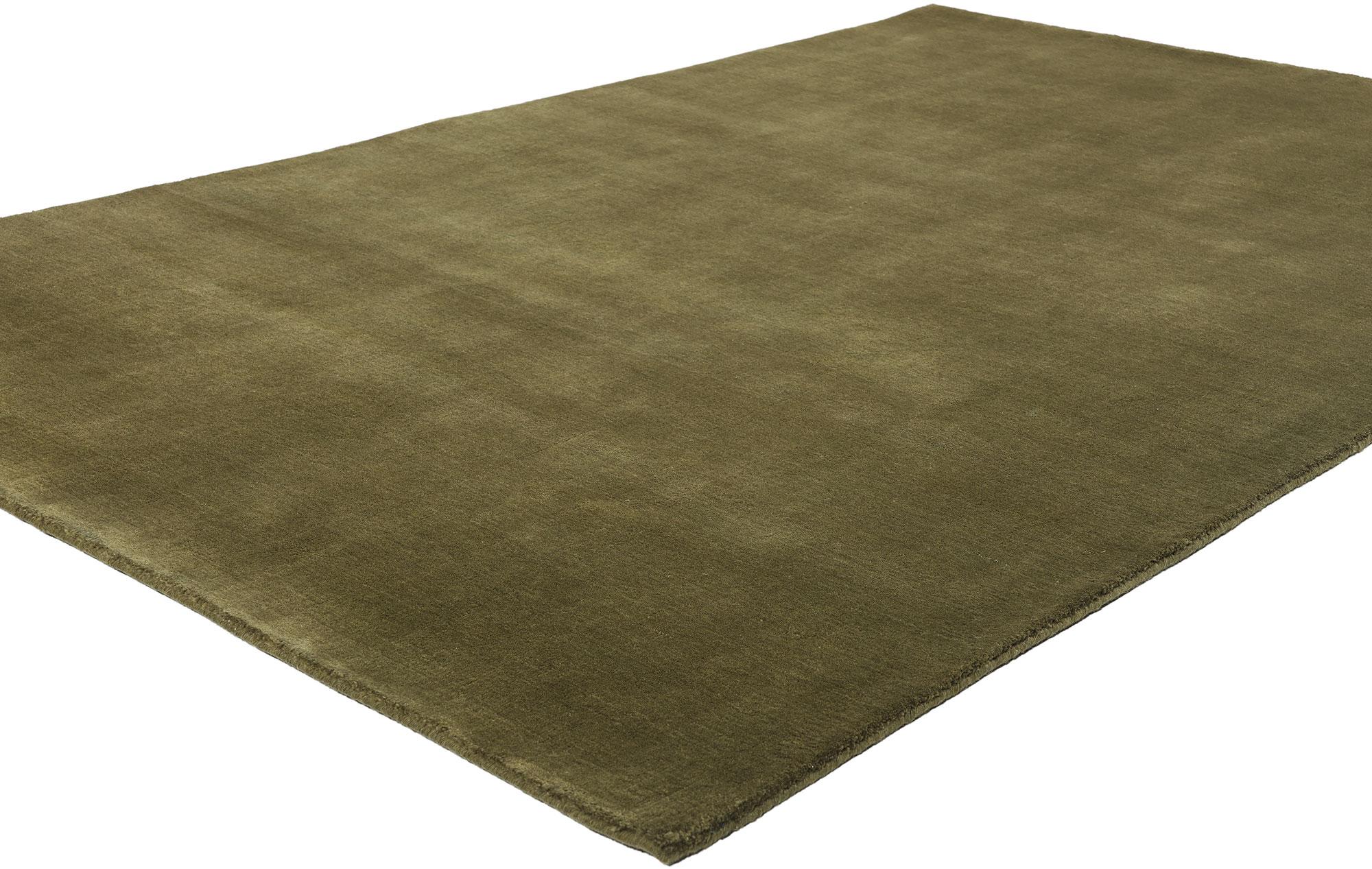 31169 New Solid Olive Green Modern Rug, 05'01 x 07'11. This Solid Olive Green Modern Area Rug perfectly marries biophilic design with an earthy, sophisticated aesthetic. Handcrafted with exquisite detail, its rich olive green color, interwoven with