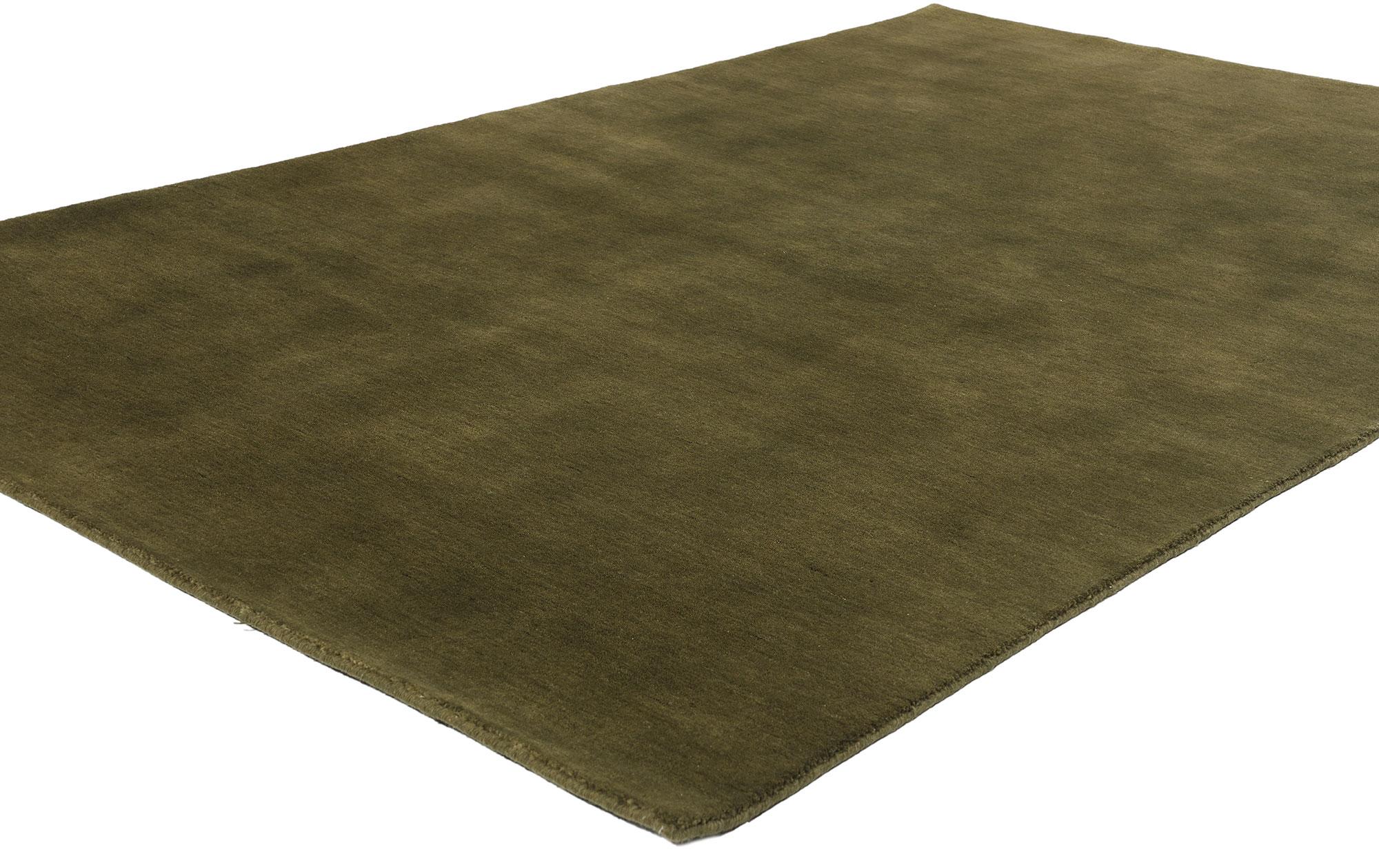 31168 New Solid Olive Green Modern Rug, 05'02 x 08'00. This Solid Olive Green Modern Area Rug perfectly marries biophilic design with an earthy, sophisticated aesthetic. Handcrafted with exquisite detail, its rich olive green color, interwoven with