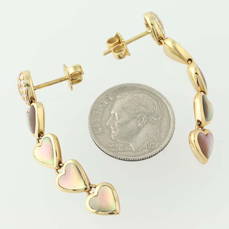 Mother of Pearl & Diamond Kabana Heart Earrings, 14 Karat Gold Round Cut .26ctw 2