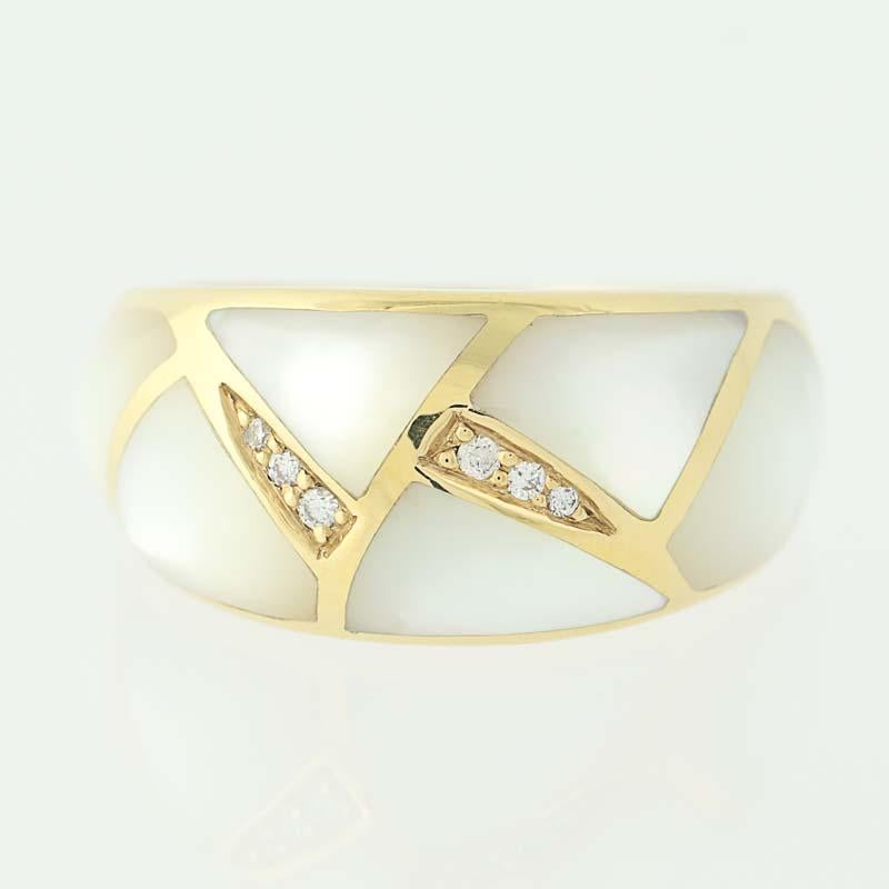Contemporary elegance defined! Composed of 14k yellow gold, this NEW piece by Kanana showcases richly luminous mother of pearl and shimmering diamond accents displayed in a chic woven design. Originally retailing for $1800, this ring is being