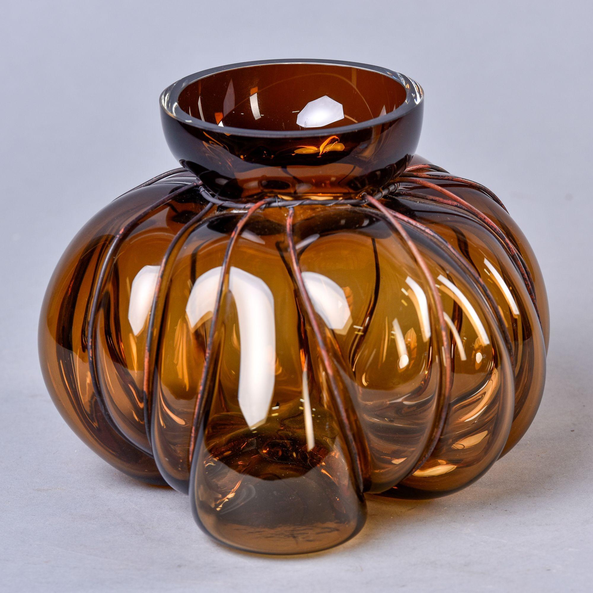 Mid-Century Modern New Mouth Blown Italian Glass Vase with Metal Surround For Sale