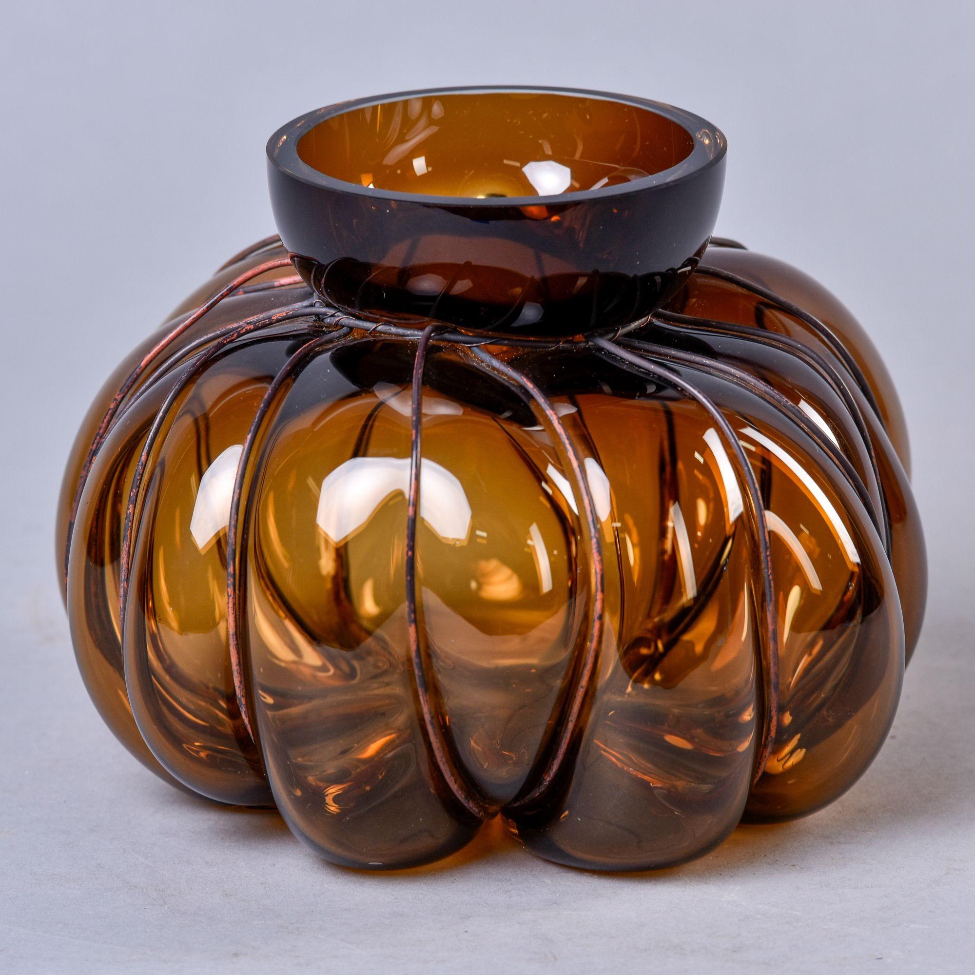 New Mouth Blown Italian Glass Vase with Metal Surround In New Condition For Sale In Troy, MI
