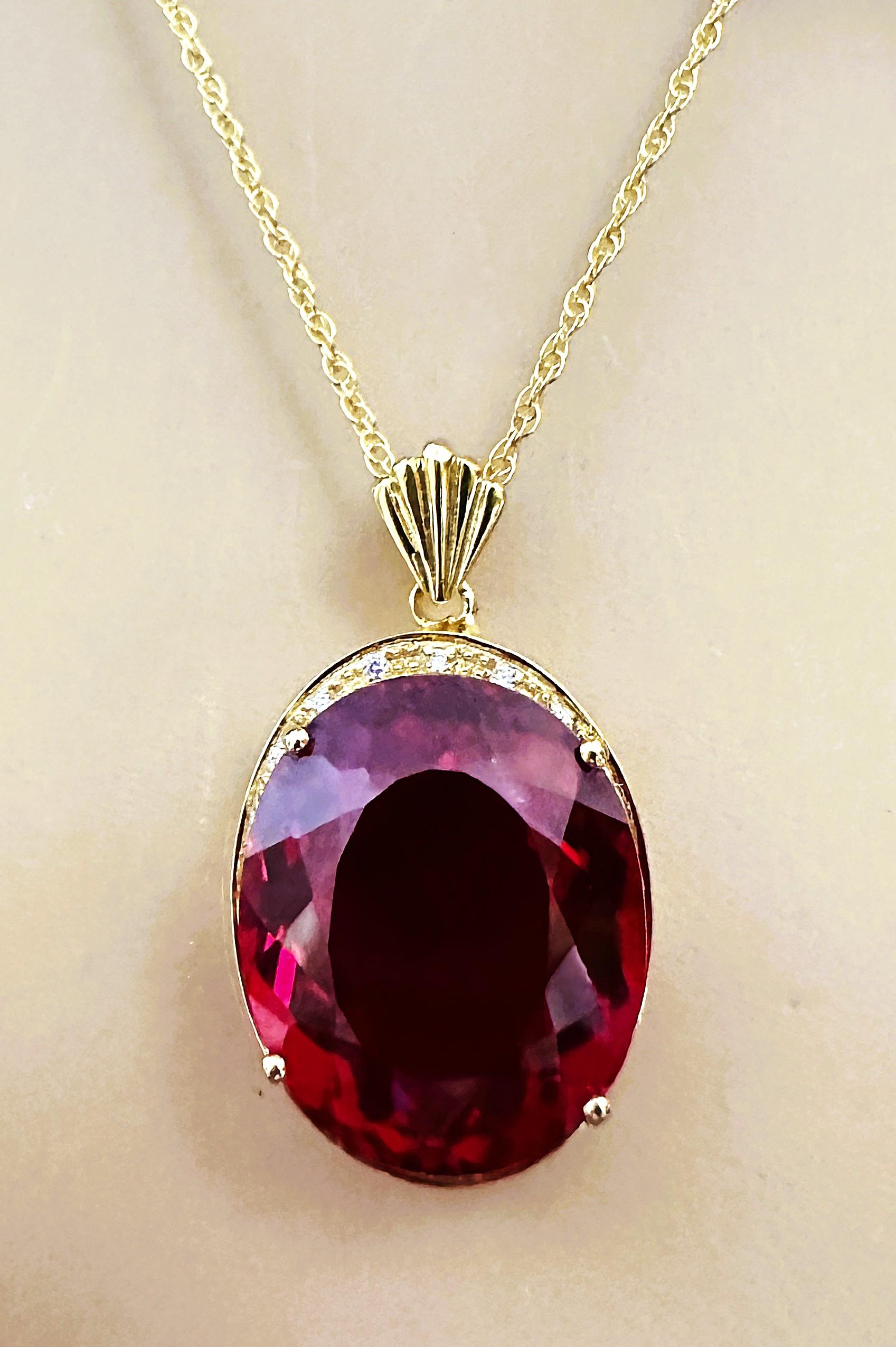 Oval Cut New 33.30 carat Red Sapphire & Diamond Cut Y Gold Plated Sterling Necklace