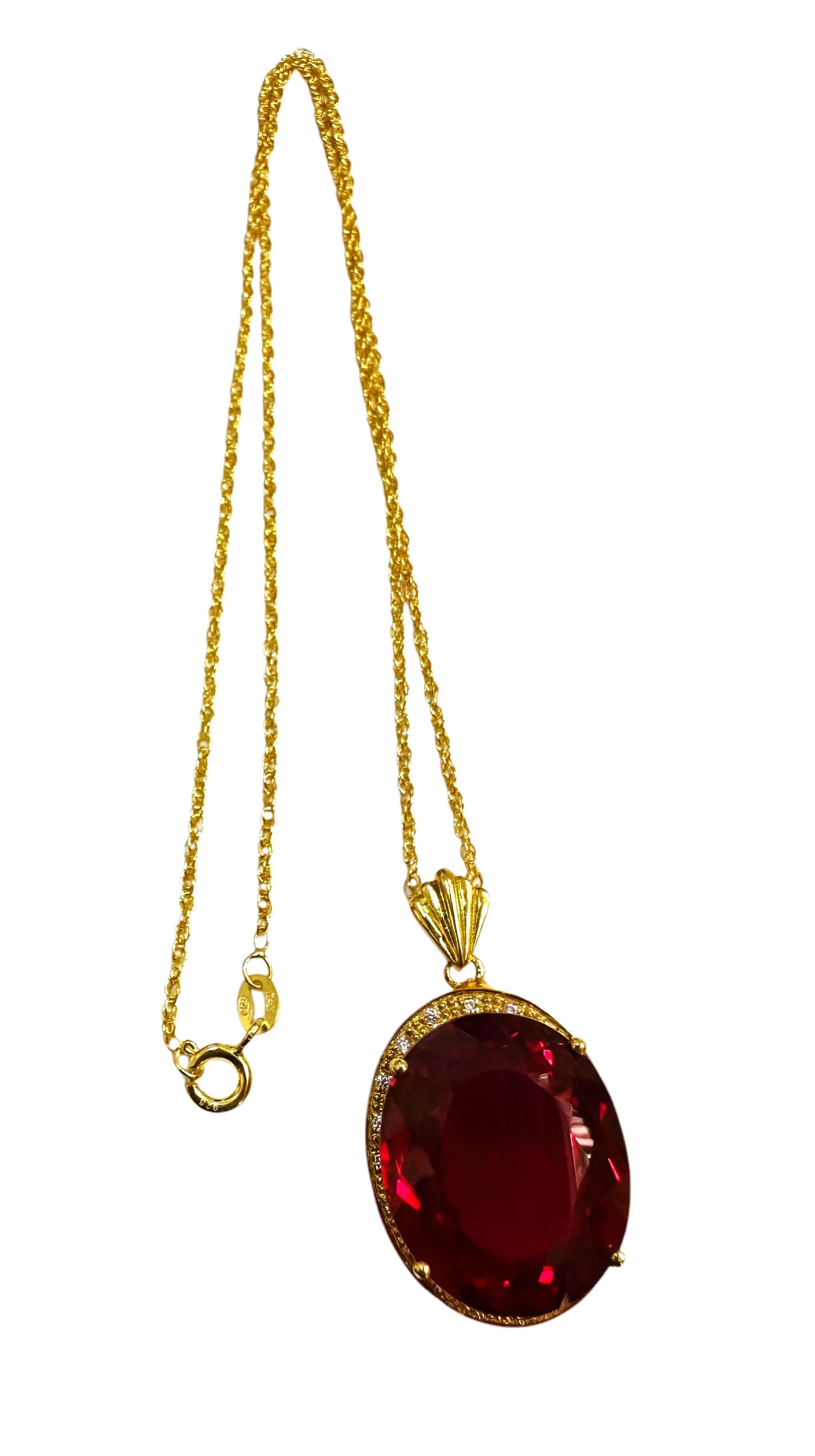 New 33.30 carat Red Sapphire & Diamond Cut Y Gold Plated Sterling Necklace In New Condition In Eagan, MN