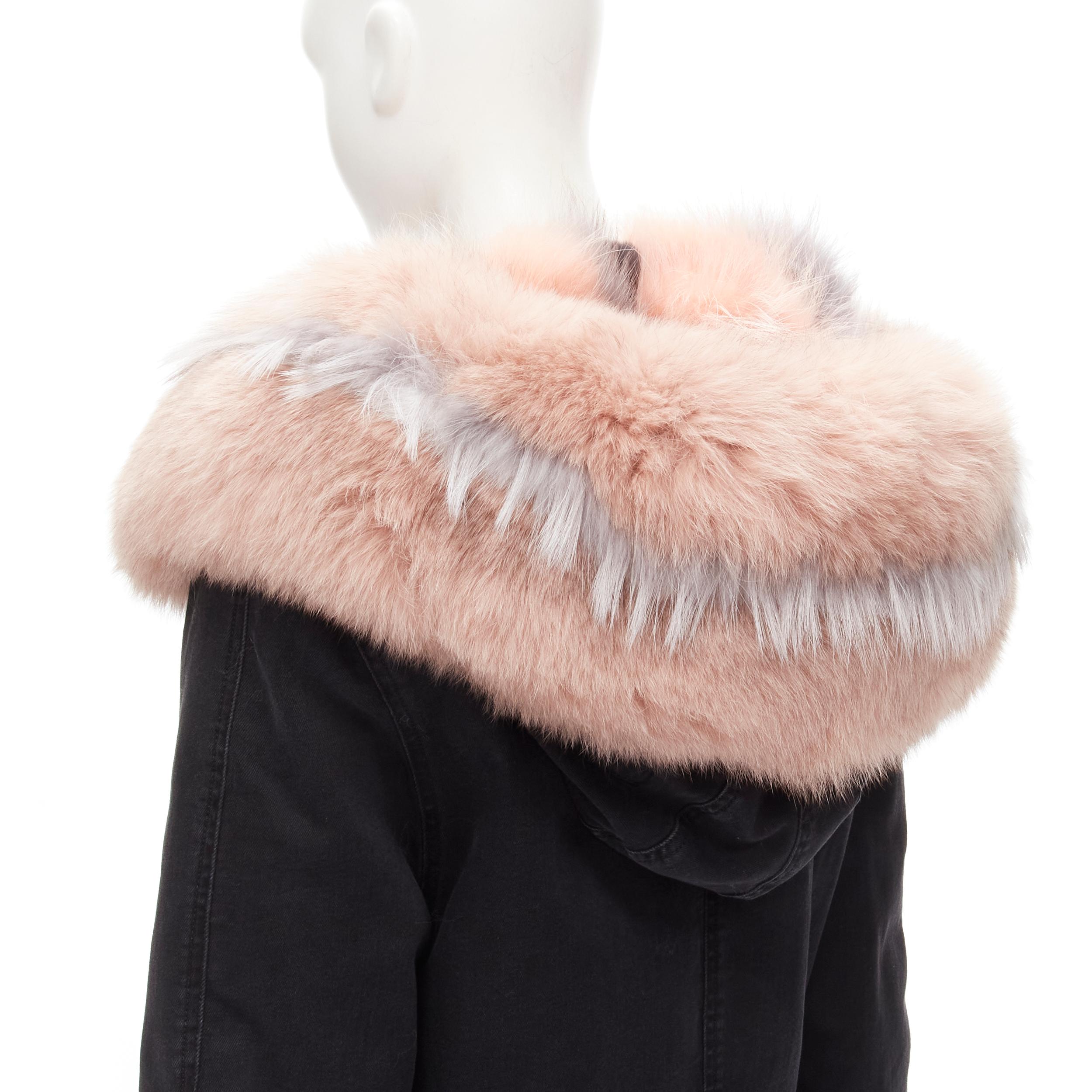 new MR AND MRS ITALY black cotton pink grey raccoon fur lined parka jacket XS 4