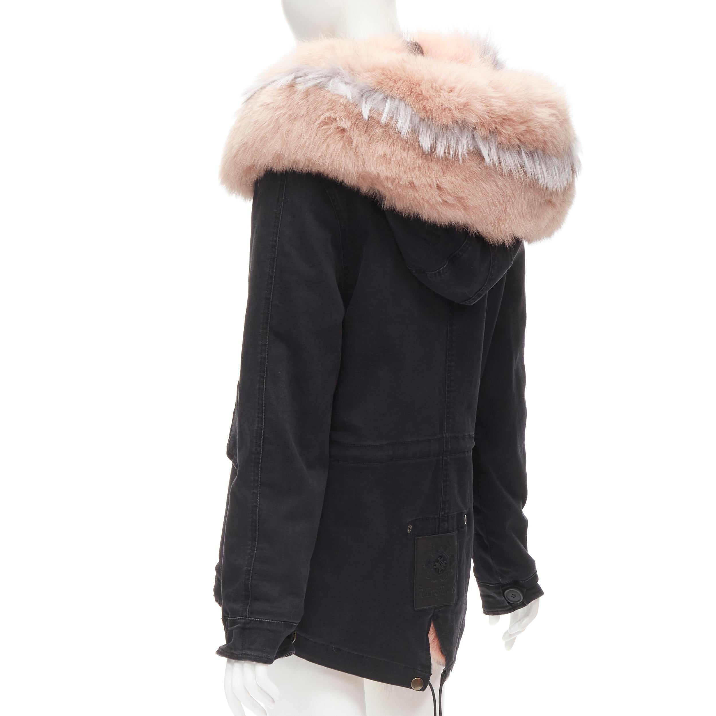 new MR AND MRS ITALY black cotton pink grey raccoon fur lined parka jacket XS 1