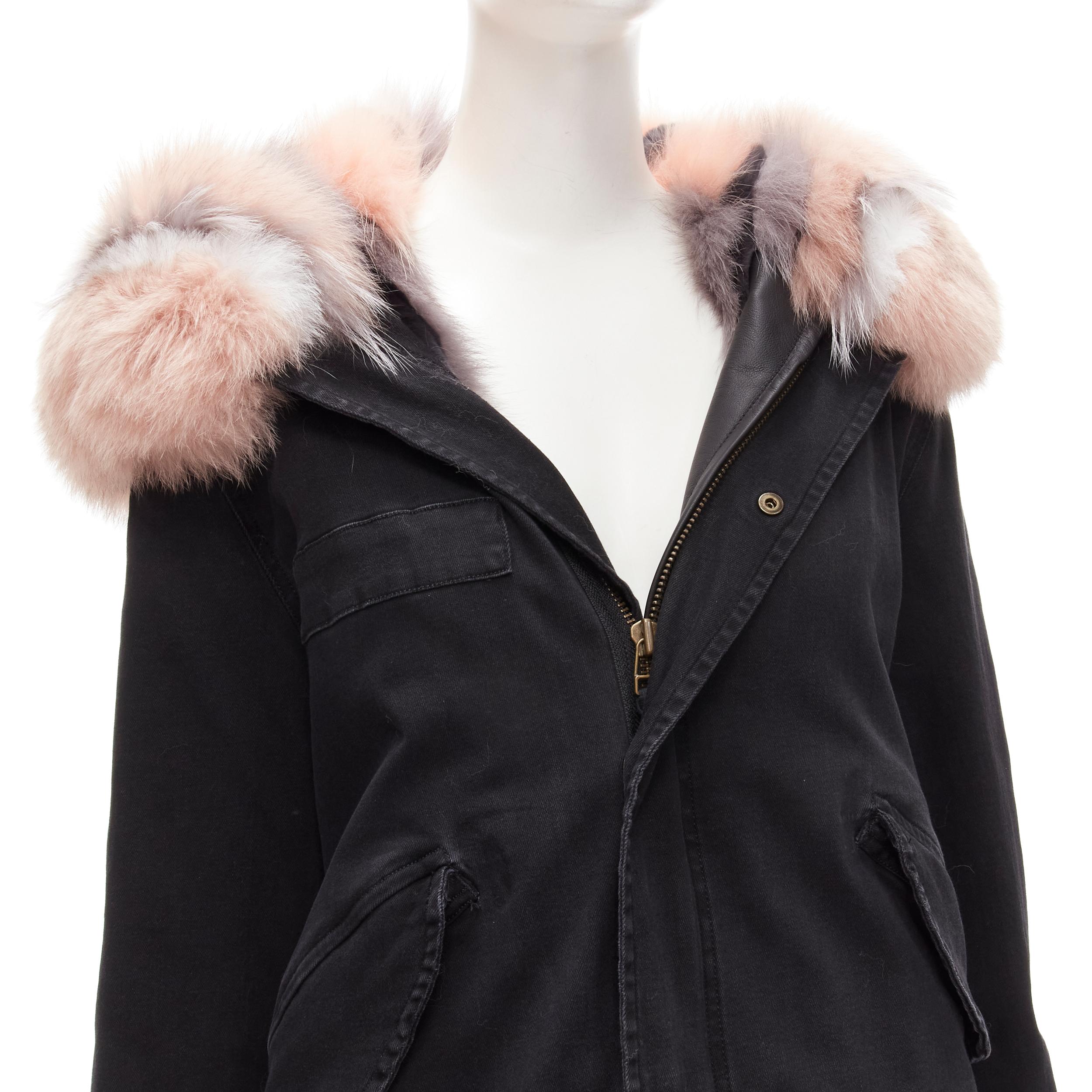 new MR AND MRS ITALY black cotton pink grey raccoon fur lined parka jacket XS 2
