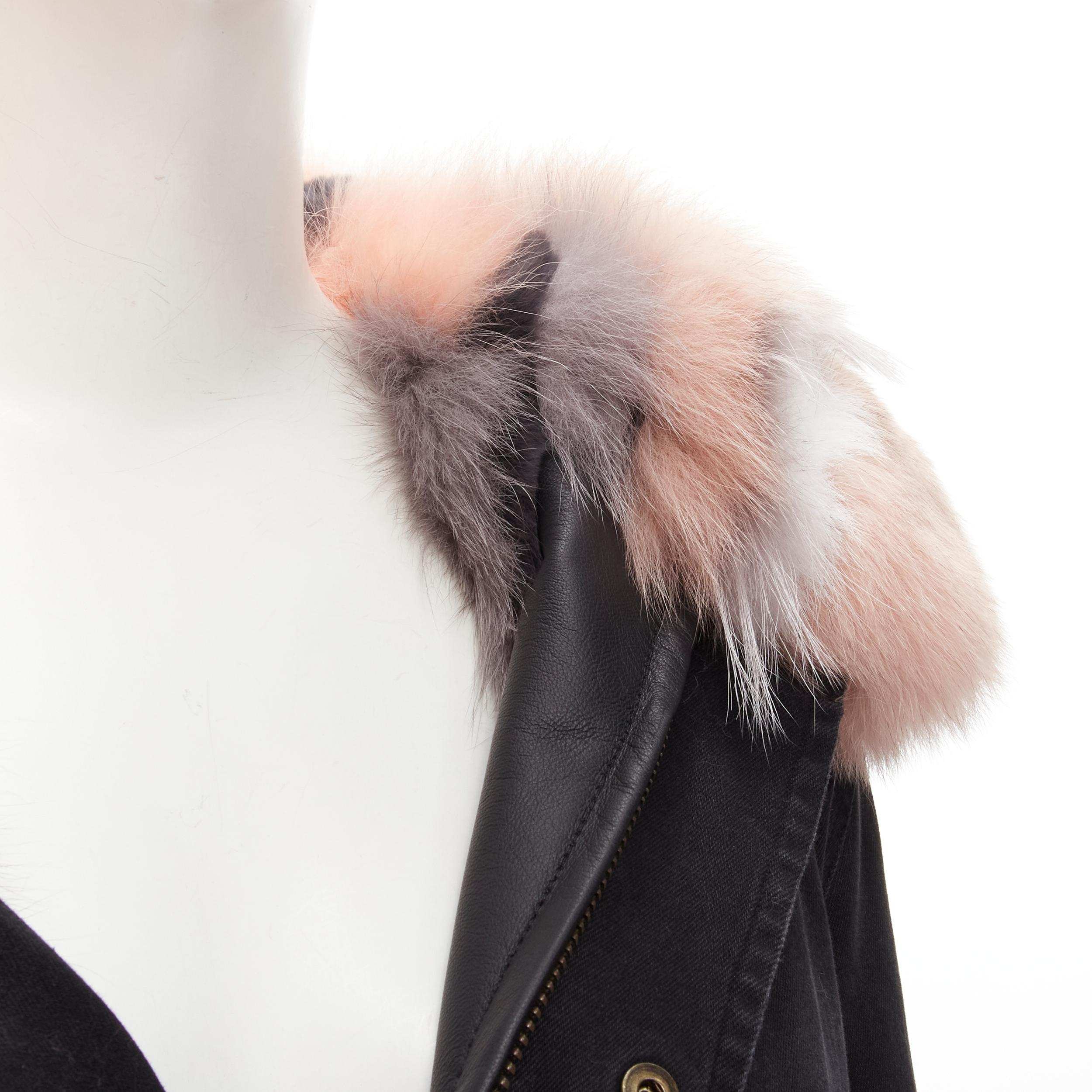 new MR AND MRS ITALY black cotton pink grey raccoon fur lined parka jacket XS 3