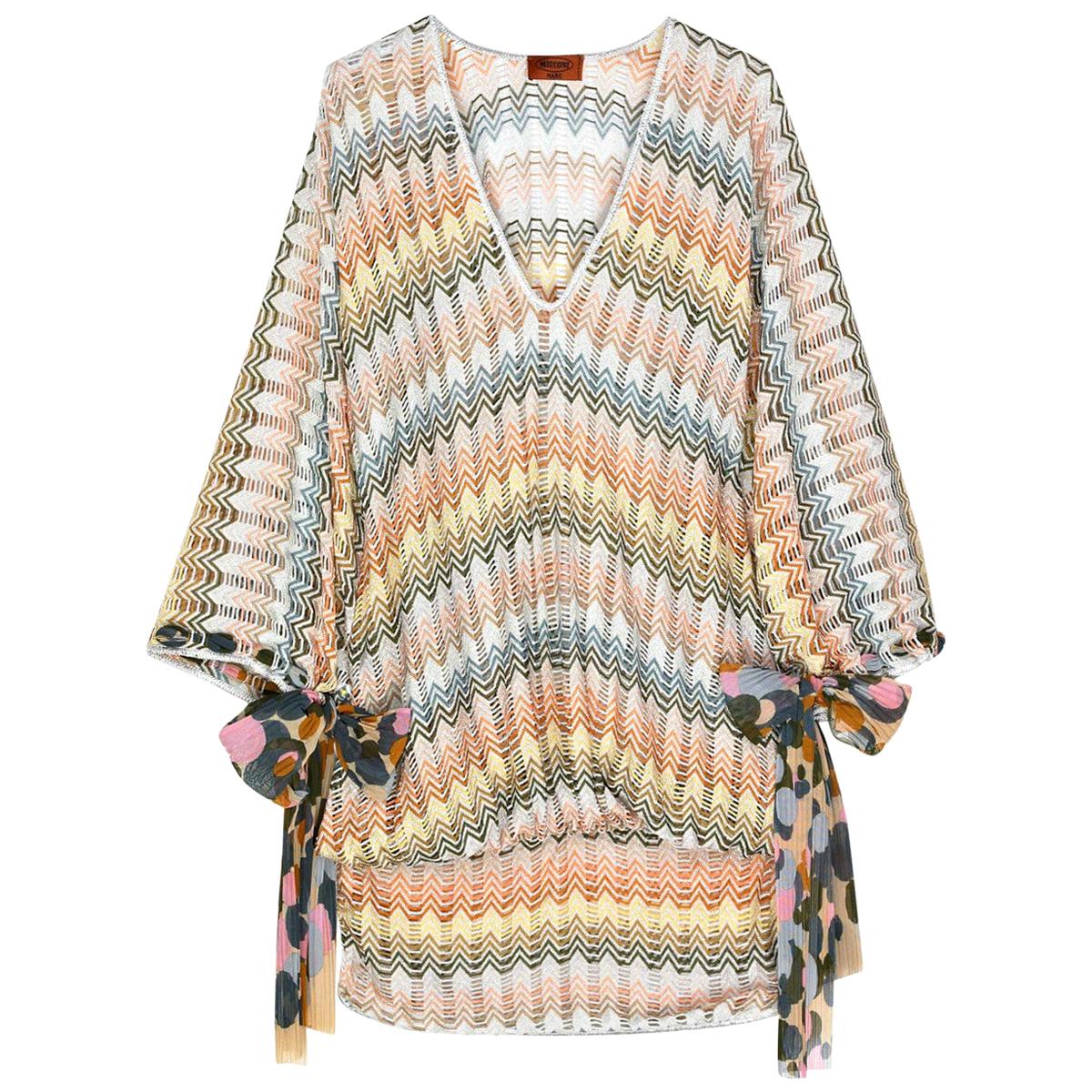 NEW Multicolor Missoni Silver Metallic Crochet Knit Kaftan Tunic Mini Dress 42 For Sale