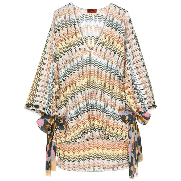 NEW Multicolor Missoni Silver Metallic Crochet Knit Kaftan Tunic Mini Dress  42