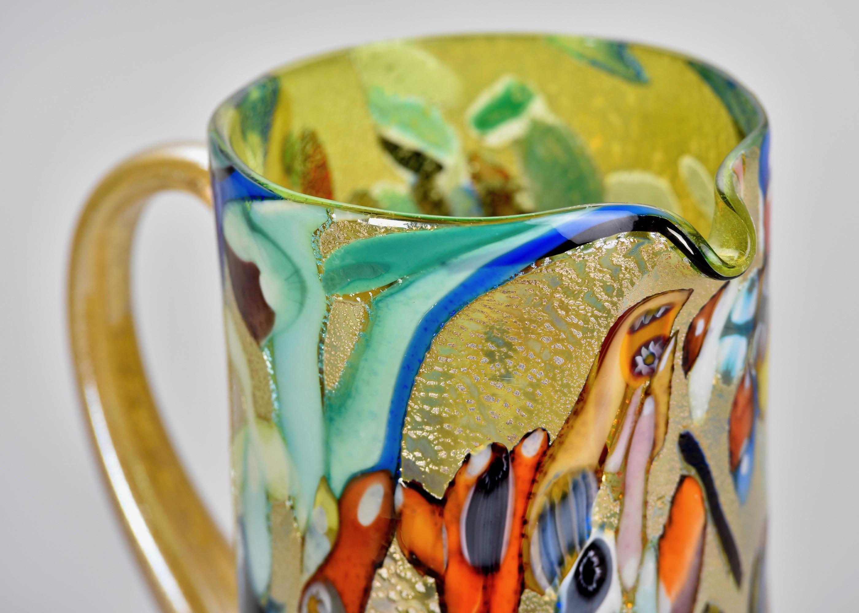 Contemporary New Murano Glass Pitcher in Gold Green and Multi Colors For Sale