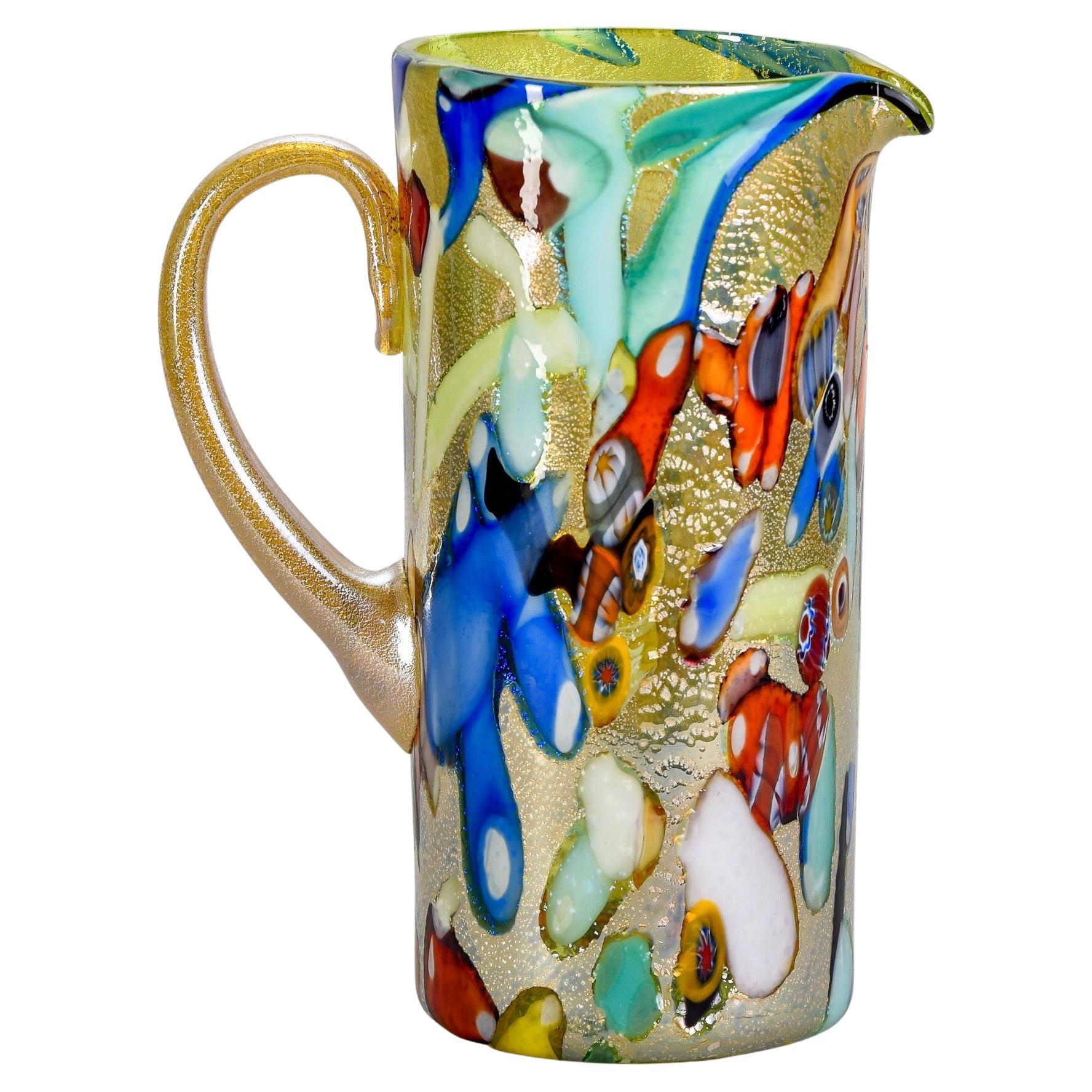 New Murano Glass Pitcher in Gold Green and Multi Colors For Sale