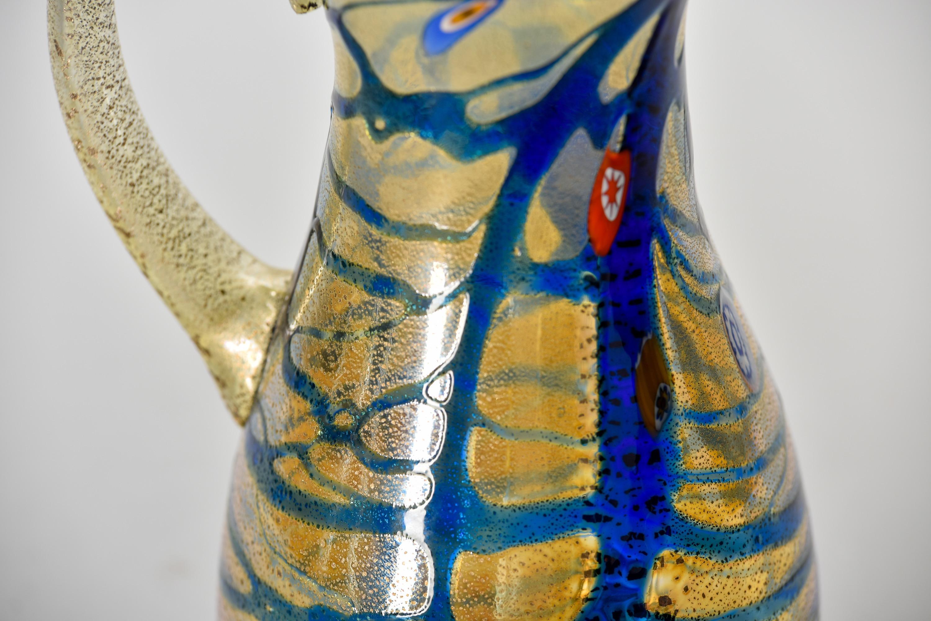 New Murano Glass Pitcher in Iridescent Gold with Blue Streaks For Sale 4