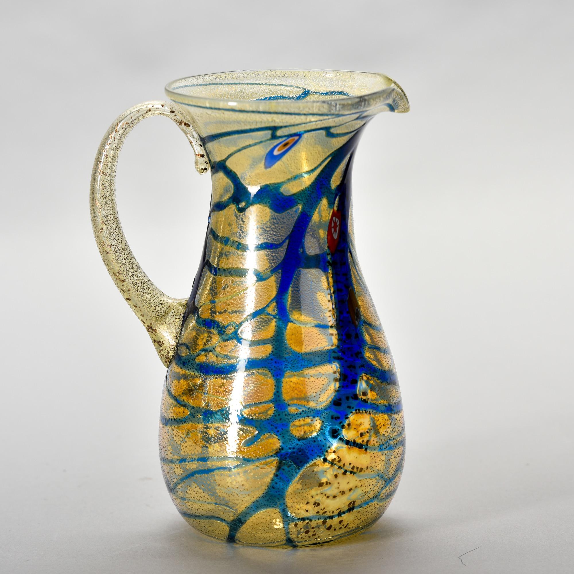 New Murano Glass Pitcher in Iridescent Gold with Blue Streaks For Sale 5