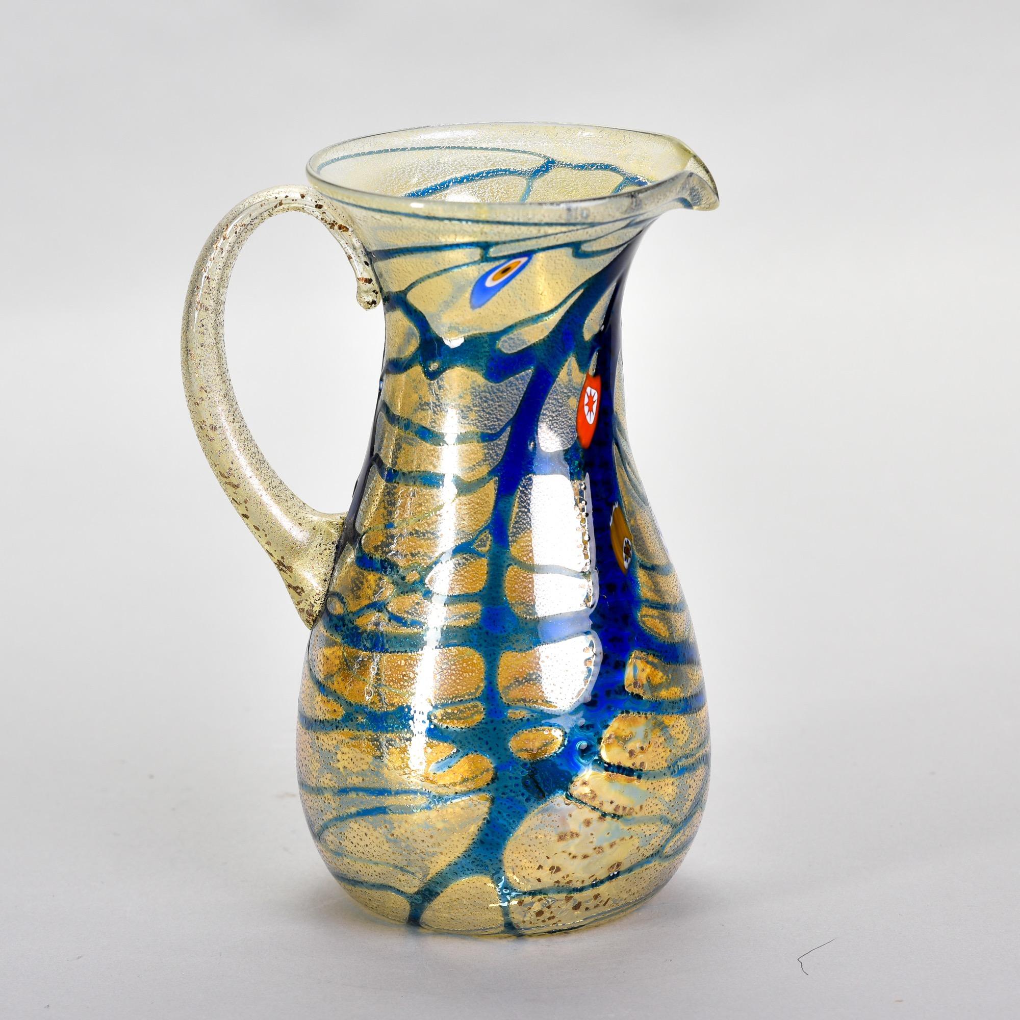 Mid-Century Modern New Murano Glass Pitcher in Iridescent Gold with Blue Streaks For Sale