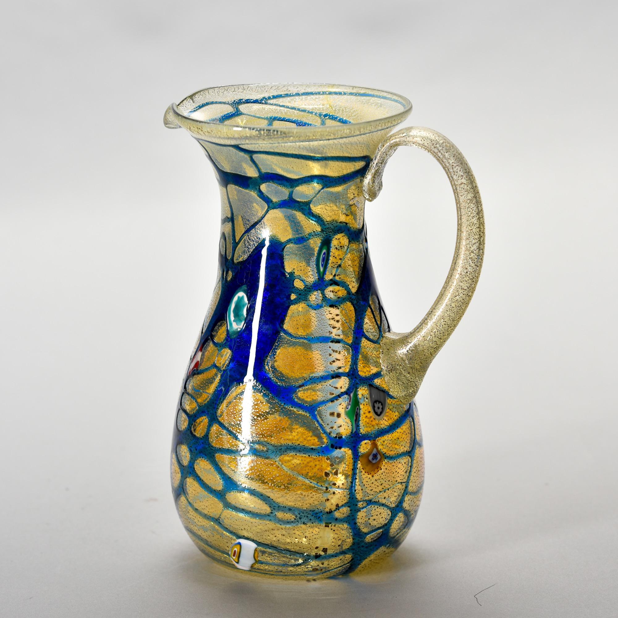 Italian New Murano Glass Pitcher in Iridescent Gold with Blue Streaks For Sale