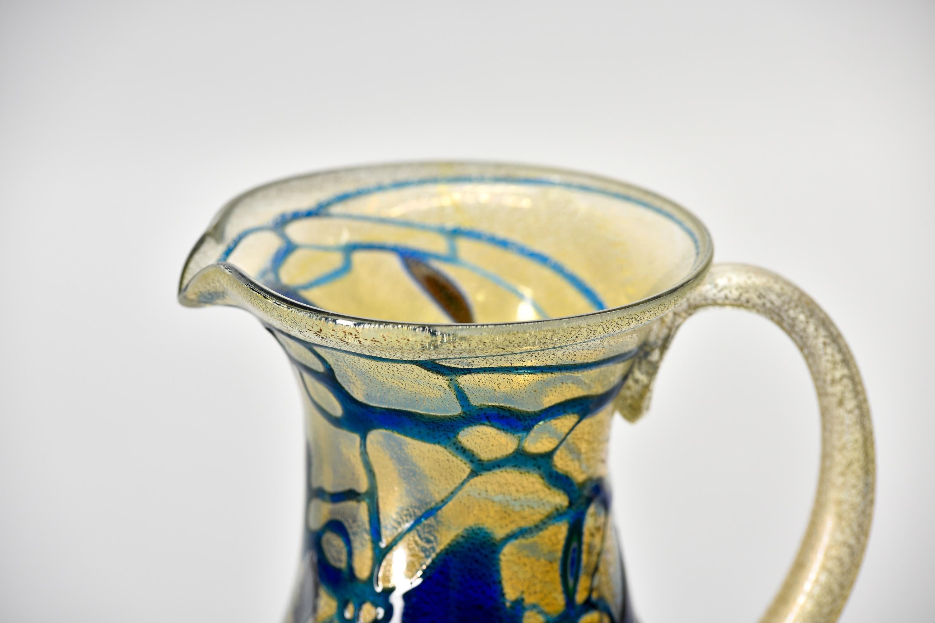 Contemporary New Murano Glass Pitcher in Iridescent Gold with Blue Streaks For Sale
