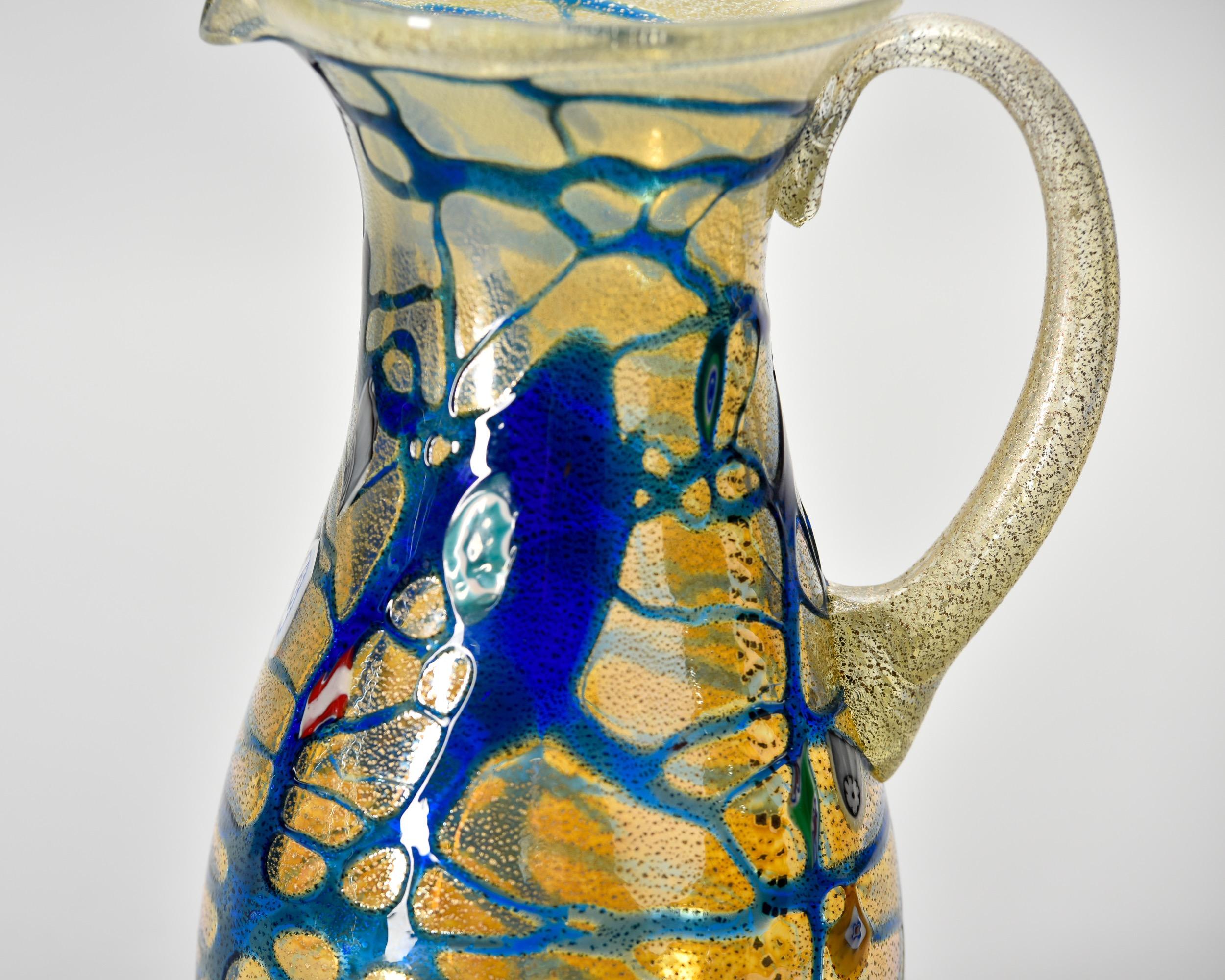 New Murano Glass Pitcher in Iridescent Gold with Blue Streaks For Sale 1