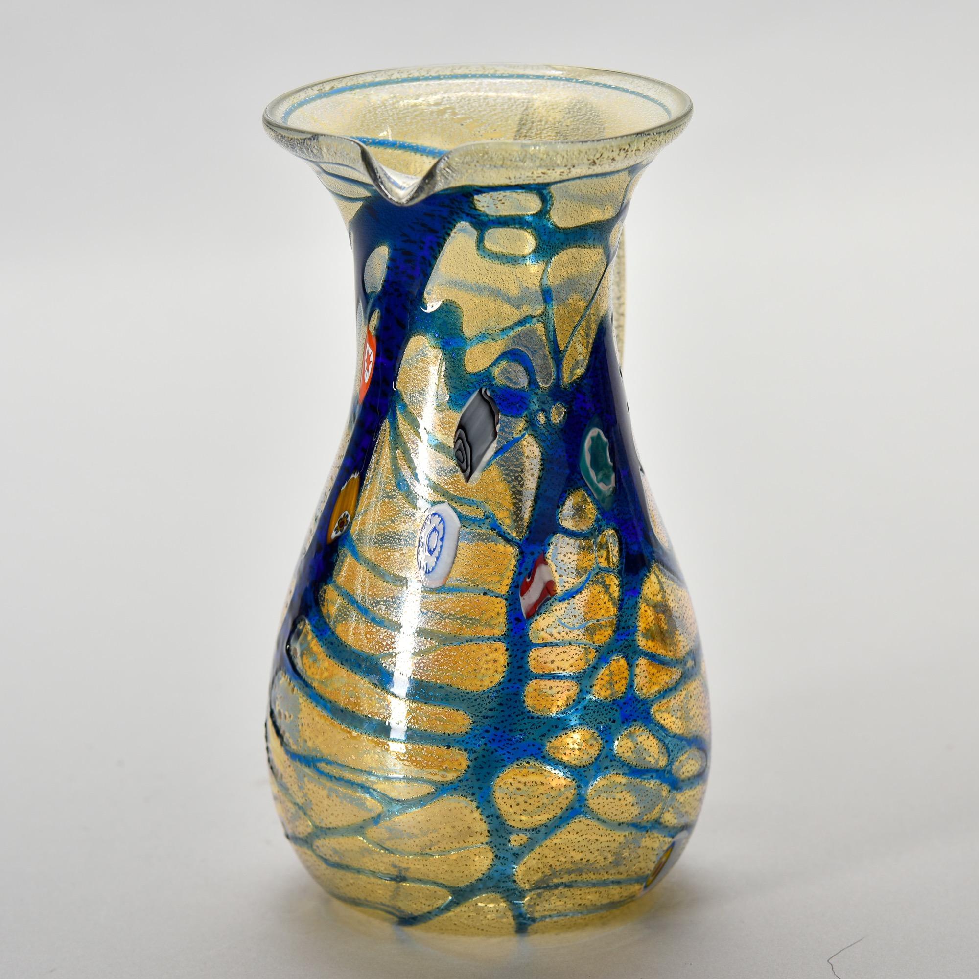 New Murano Glass Pitcher in Iridescent Gold with Blue Streaks For Sale 2