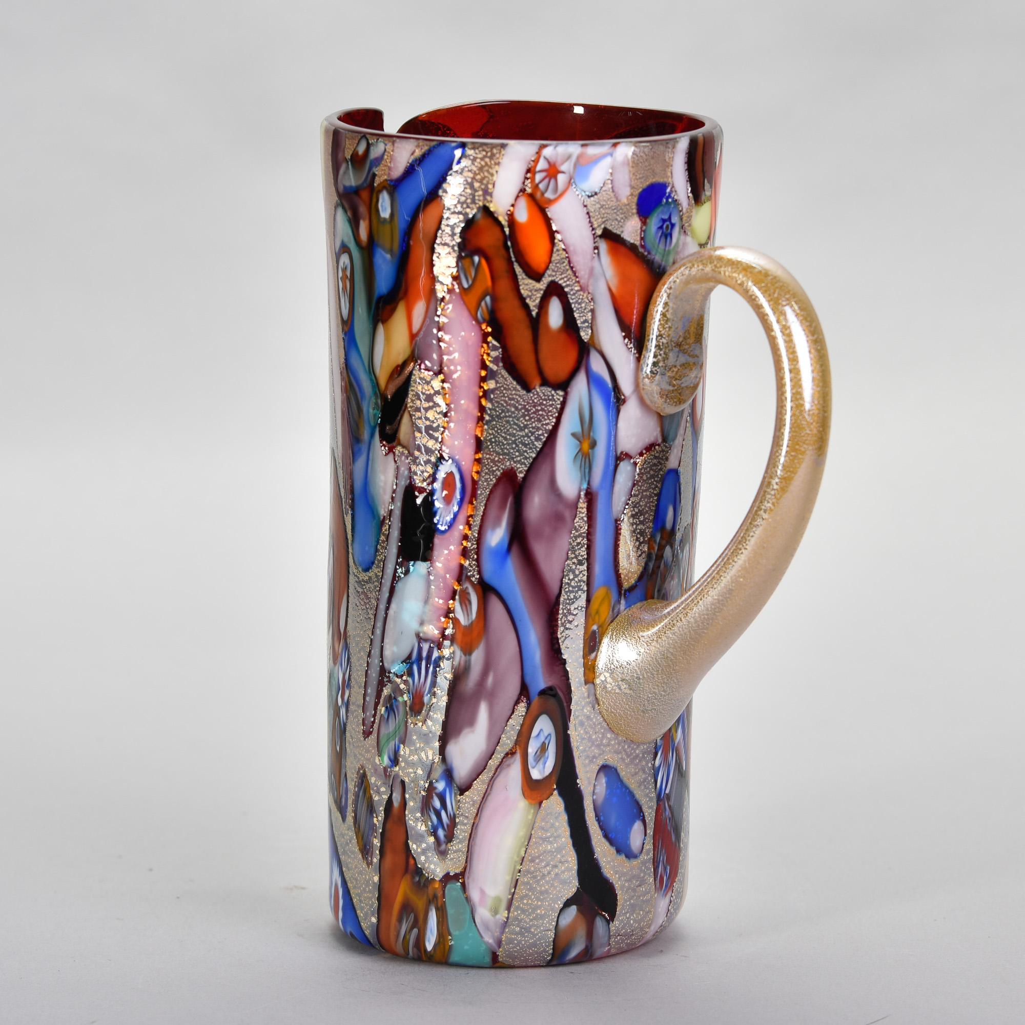 Mid-Century Modern New Murano Glass Pitcher with Red Interior and Multicolored Exterior For Sale