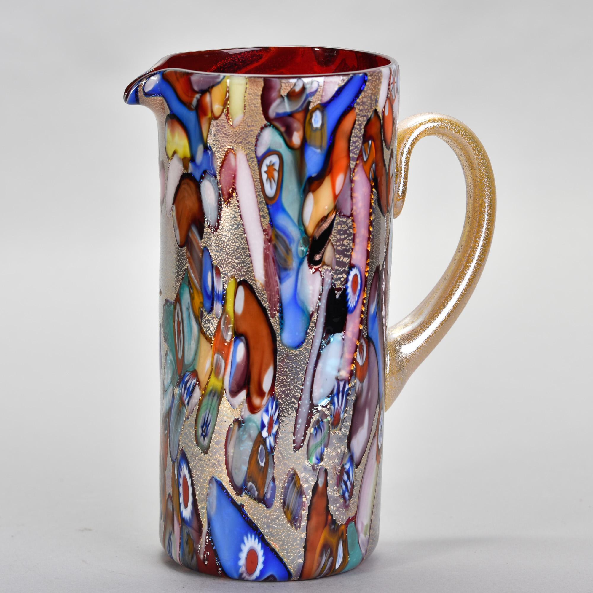 Italian New Murano Glass Pitcher with Red Interior and Multicolored Exterior For Sale