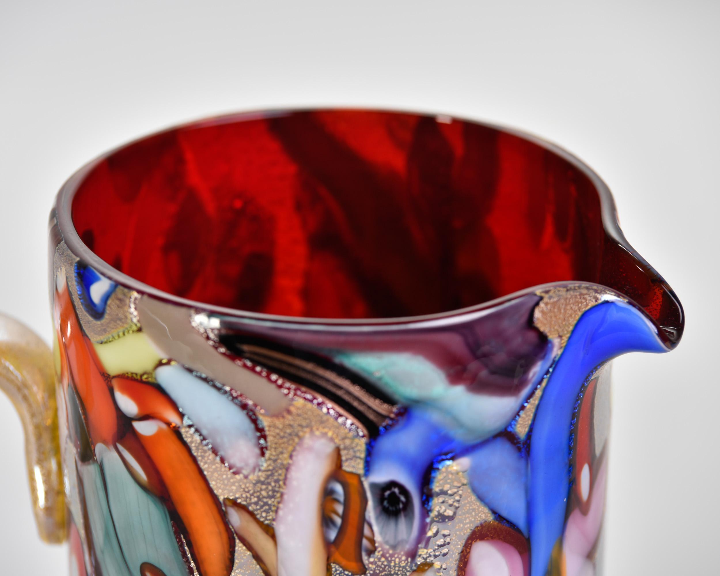 Contemporary New Murano Glass Pitcher with Red Interior and Multicolored Exterior For Sale
