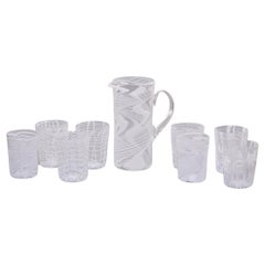 New Murano Glass White Streaked Pitcher and 8 Glasses
