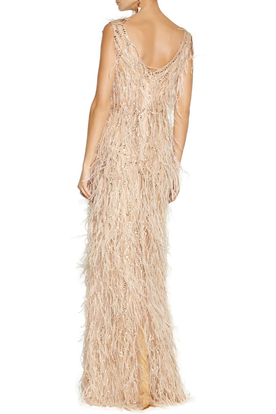 New Museum Oscar De La Renta Ostrich Feather Crystal-Embellished Tulle Dress 8 In New Condition For Sale In Montgomery, TX