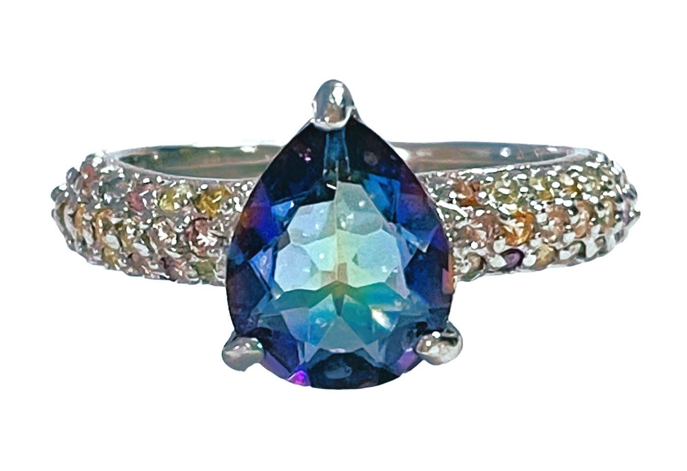 New Mystic Pear Quartz & Sapphire White Gold Plated Sterling Ring 3